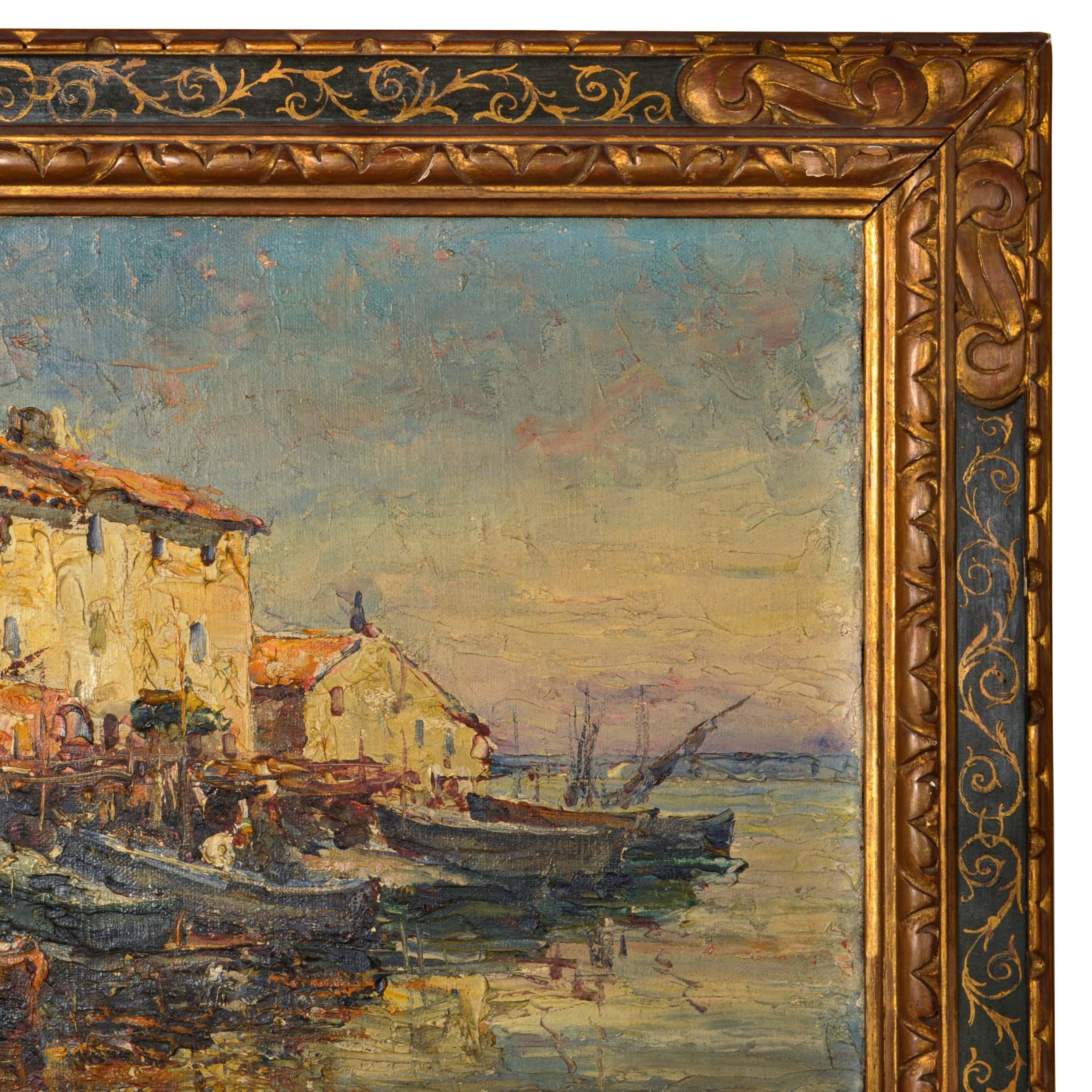 Edouard Ducros, toile à l'huile impressionniste française représentant des bateaux et une scène de port, Martigues 1930 6