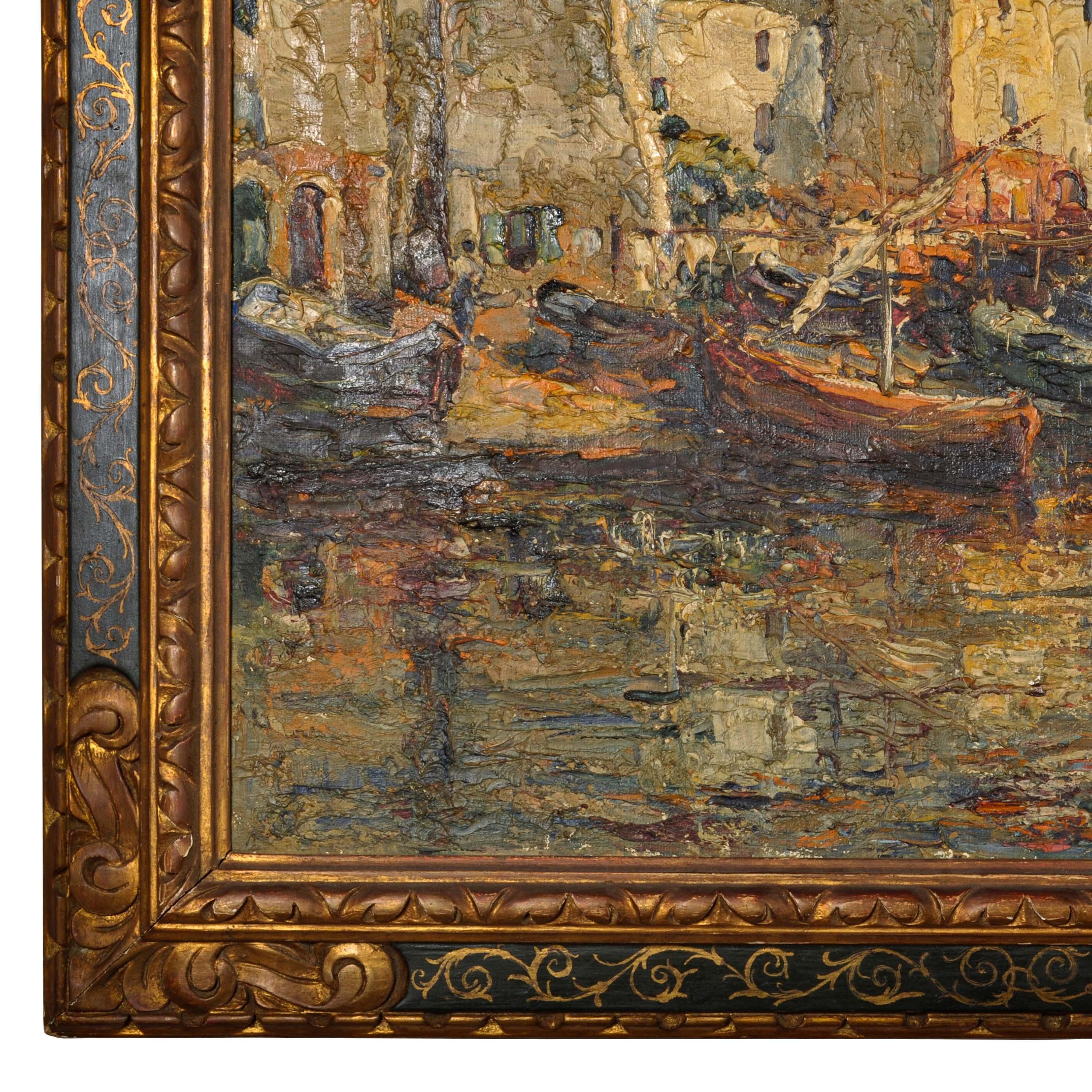 Edouard Ducros, toile à l'huile impressionniste française représentant des bateaux et une scène de port, Martigues 1930 7