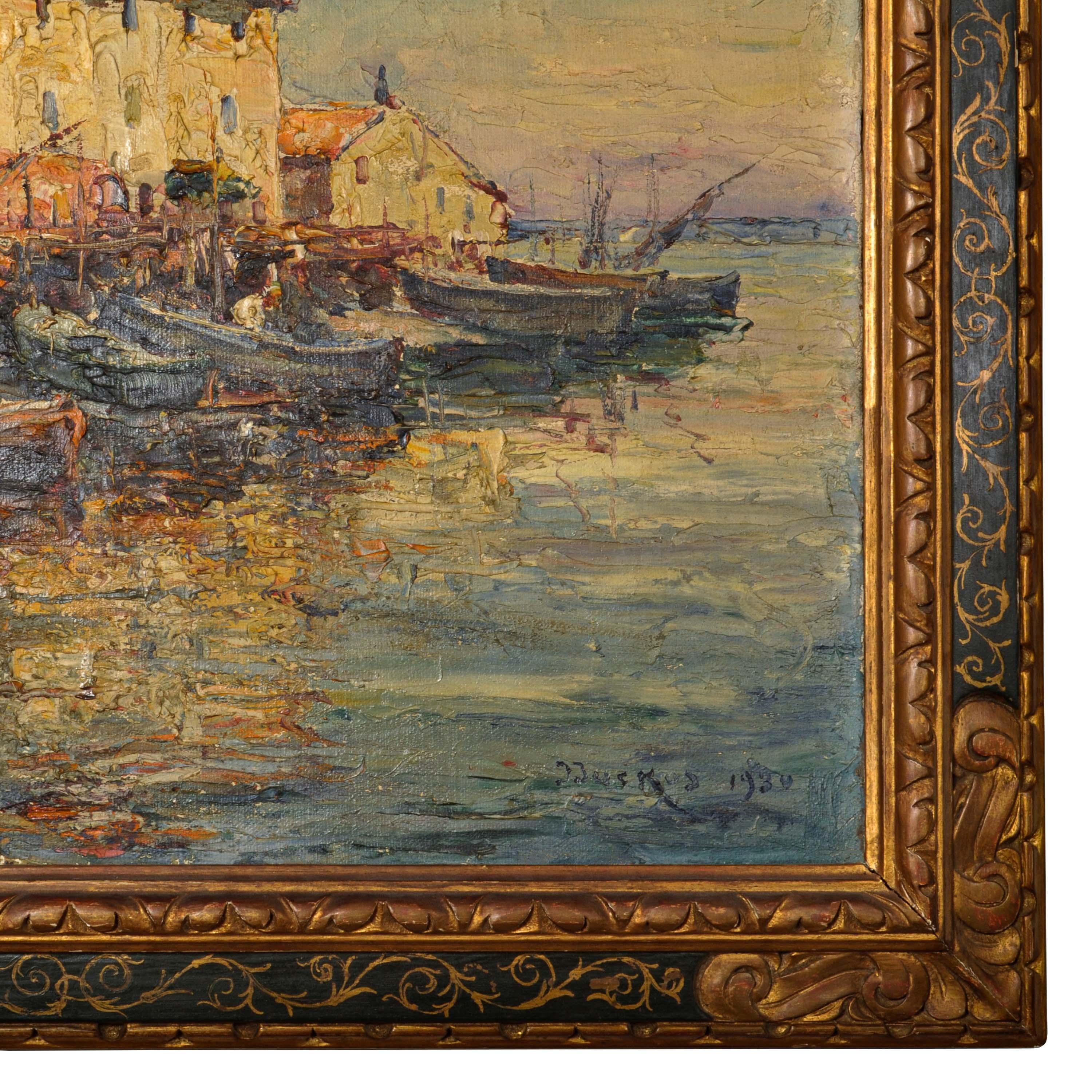 Edouard Ducros, toile à l'huile impressionniste française représentant des bateaux et une scène de port, Martigues 1930 8