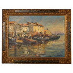 Edouard Ducros French Impressionist Oil Canvas Boats Harbor Scene Martigues 1930
