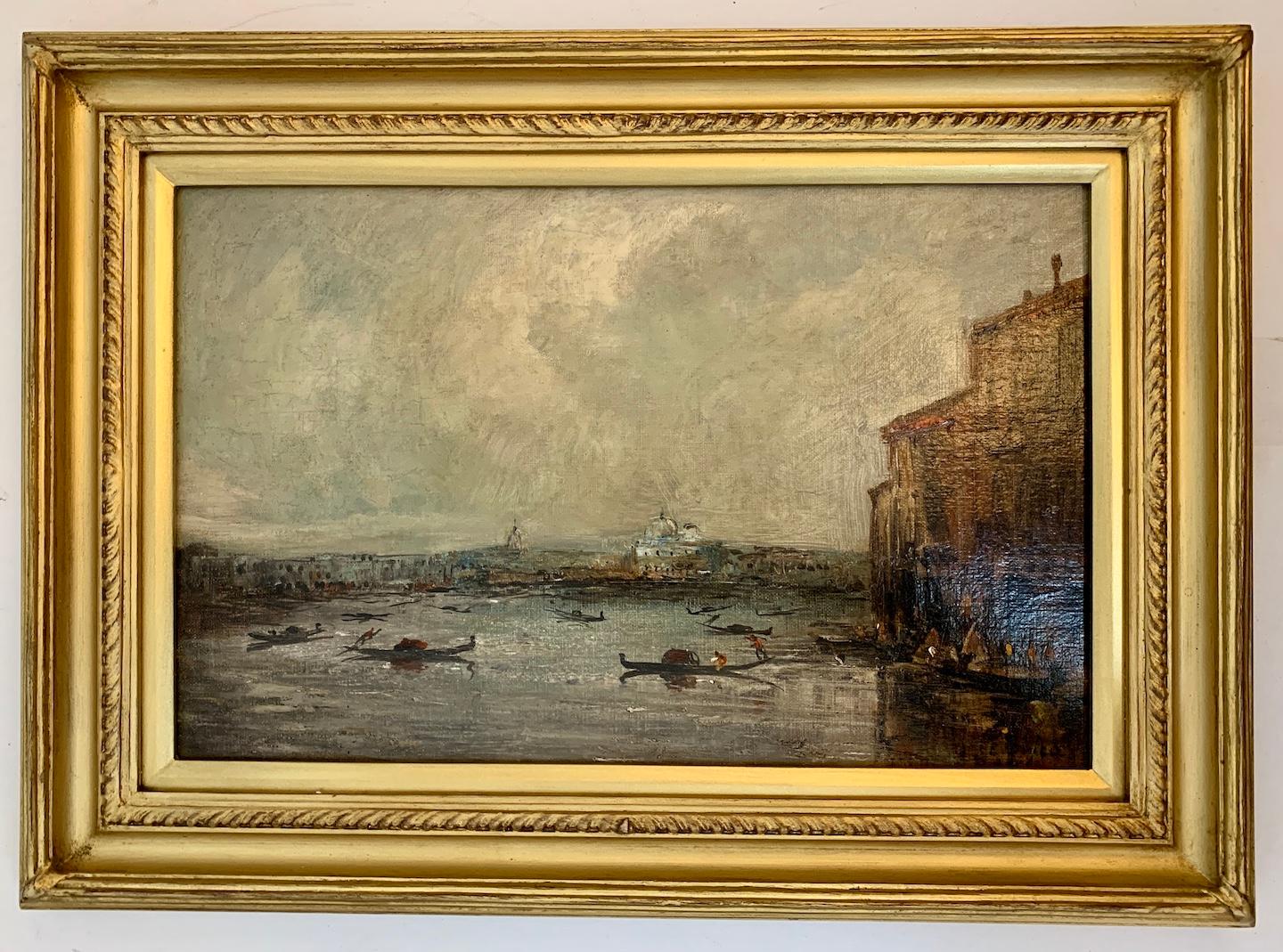 Französische Maler des 19. Jahrhunderts, Öl Ansicht von Venedig aus einem Kanal (Beige), Landscape Painting, von Edouard Dufeu