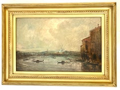 Antique 19th century French painters oil View of Venice from a canal