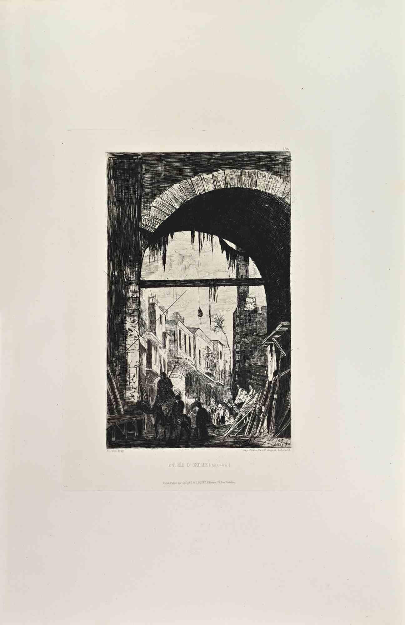 Entree d'Okelle is a black and White etching realized by E. Dufeu in the 1860s. 

Titled in the lower.

Image size: 32x23.

Very good impression with wide margins and a very fresh inking.

Realized for the "Société des Aquafortistes. Born on the