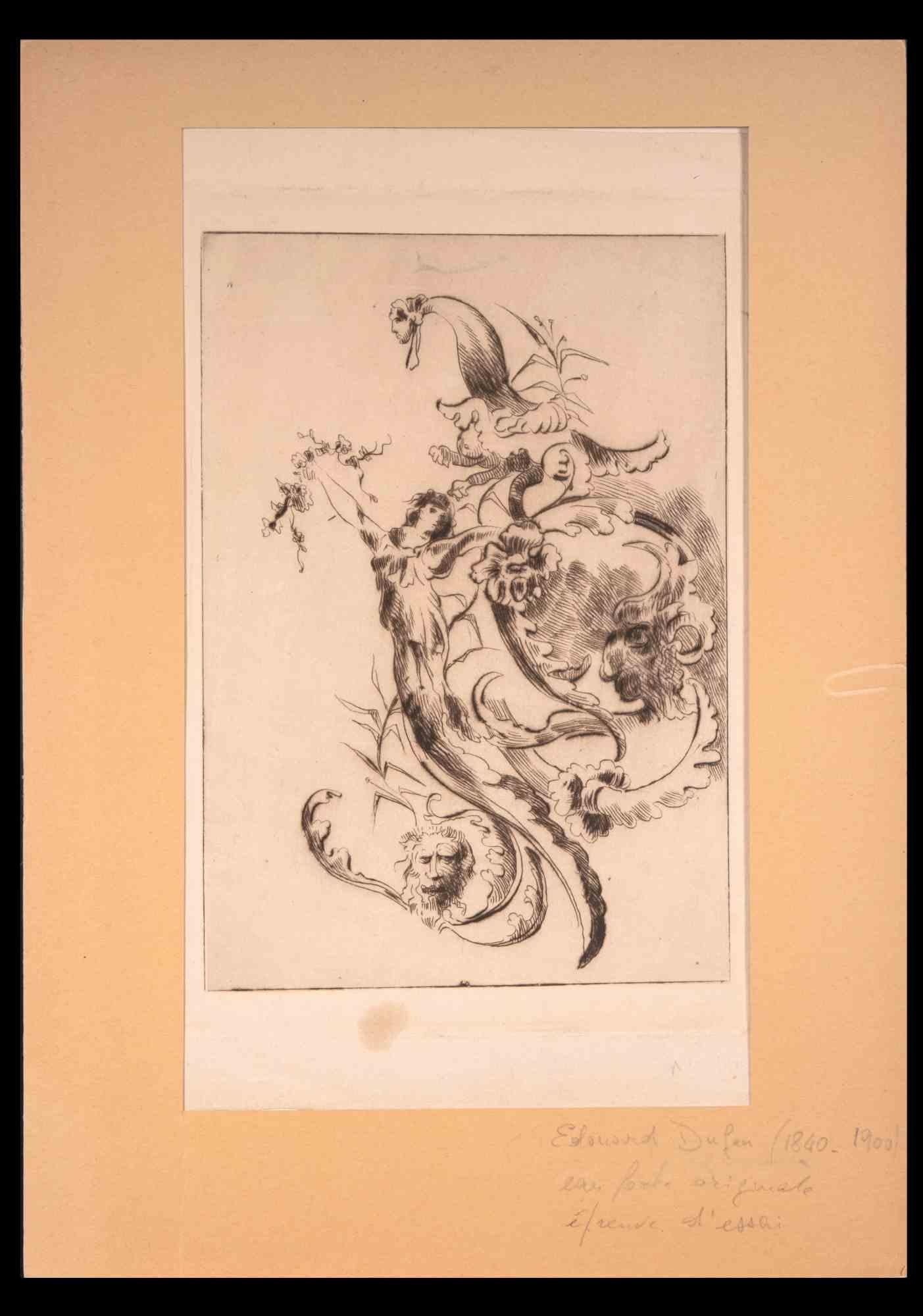 Floating - Original Etching By Edouard Dufeu - Late 19th Century For Sale 1