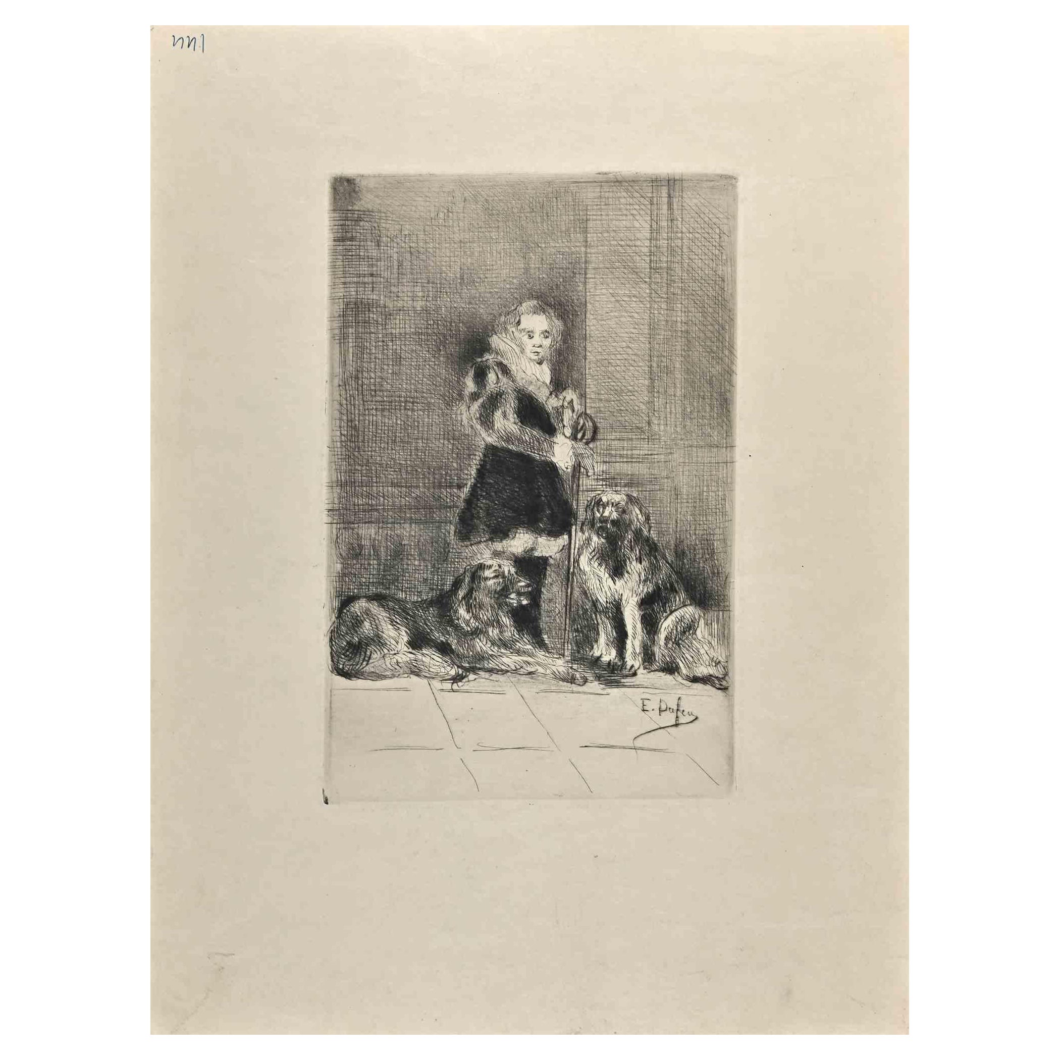 Posing - Original Etching By Edouard Dufeu - Late-19th Century