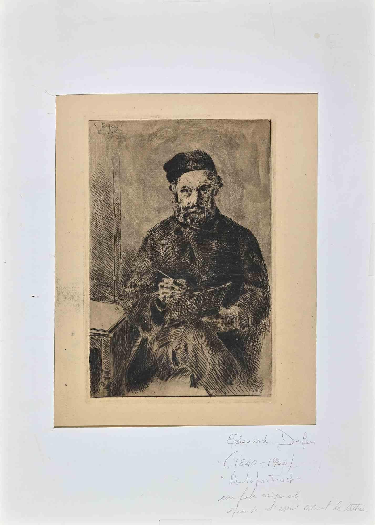 Self-Portrait is an etching realized by Edouard Dufeu (1840-1900).

Proof artist.

Signed and dated on the upper left corner.

Edouard Jacques Dufeu , born in Marseilles on March 27 , 1836, and died in Grasse on December 1 , 1900, is a French