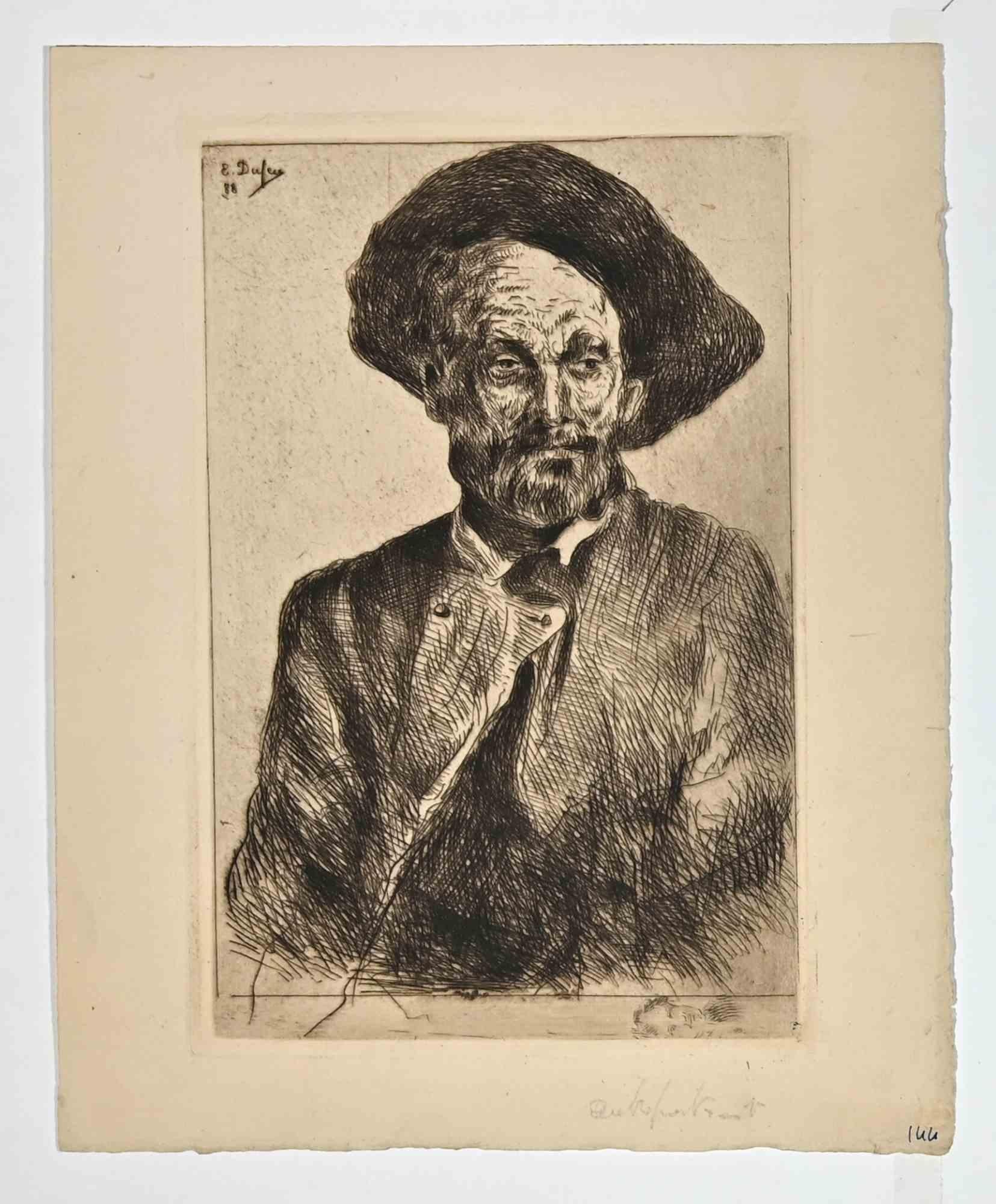 Self-Portrait is an etching realized by Edouard Dufeu (1840-1900).

Proof artist, good condition, included a white cardboard passpartout (49x35 cm).

Signed and dated on the upper left corner.

Edouard Jacques Dufeu, was born in Marseilles on March