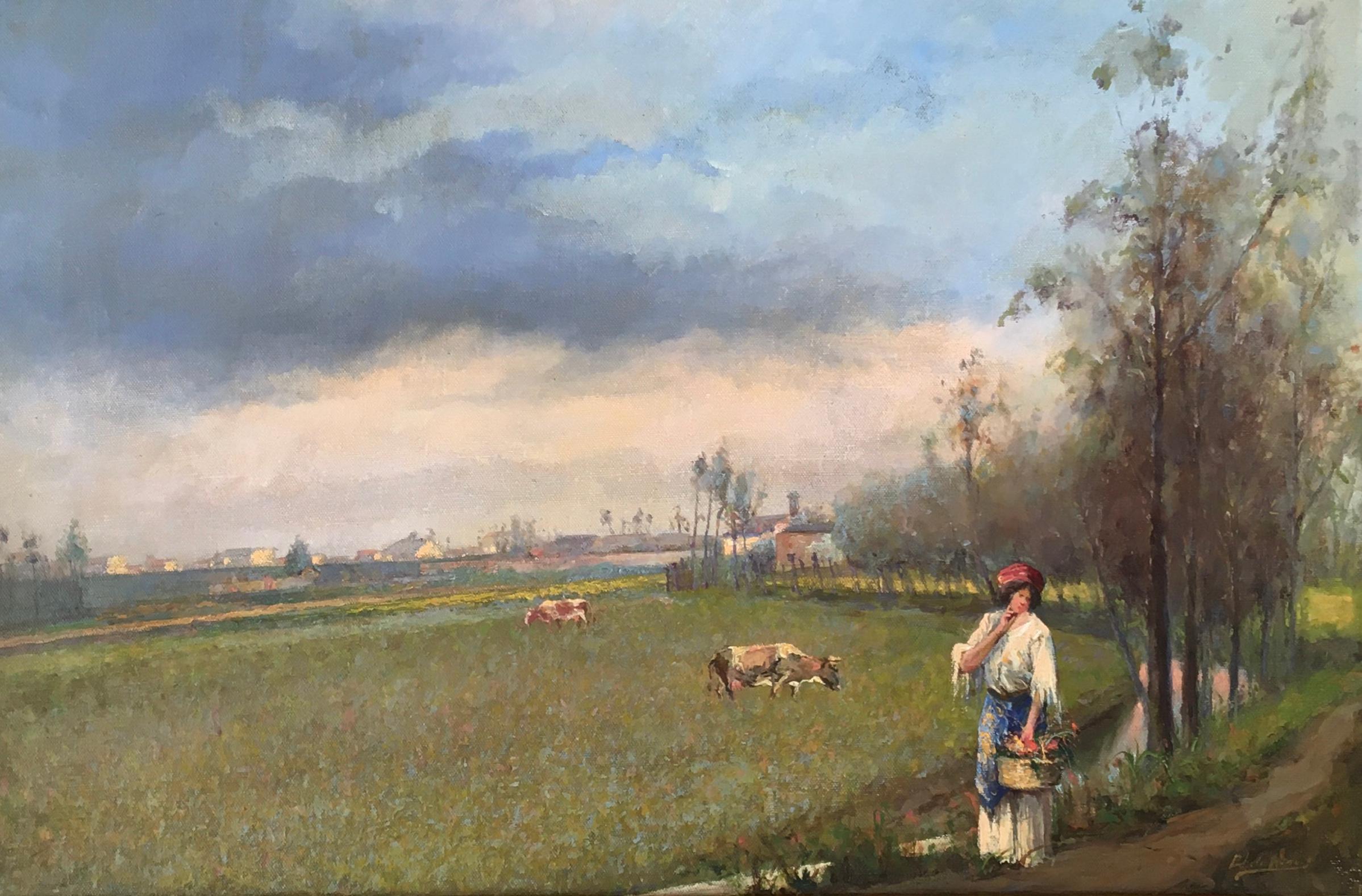 Landscape Painting Edouard Duparc - Femme avec panier de fleurs sauvages
