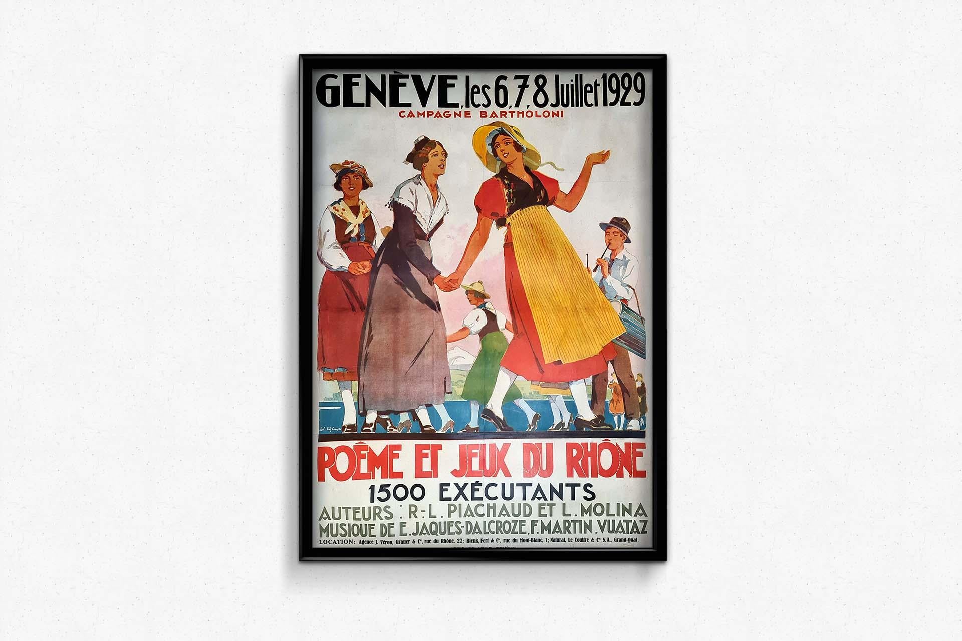 1929 original poster by Edouard Elzingre : Poème et jeux du Rhône Genève For Sale 1