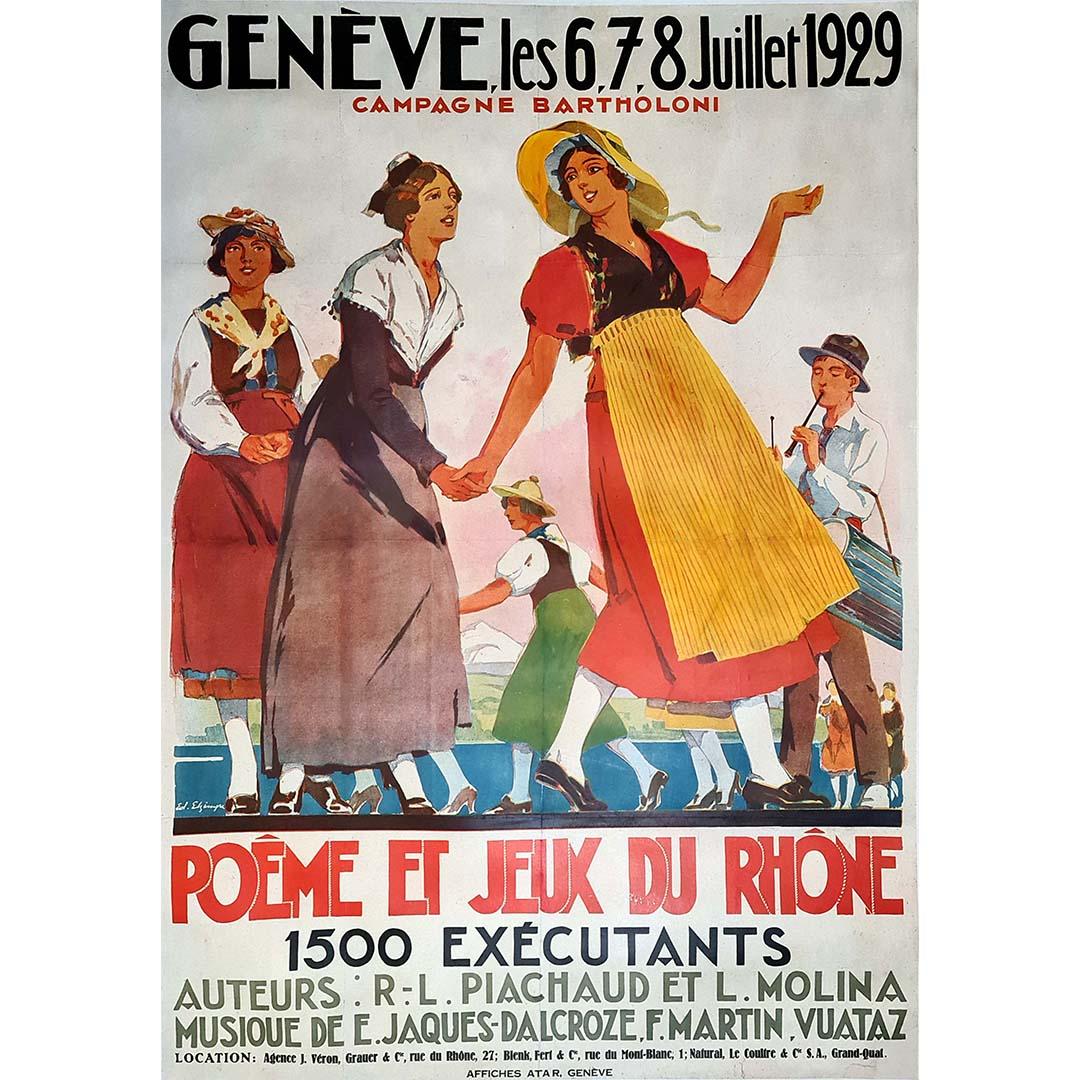 1929 original poster by Edouard Elzingre : Poème et jeux du Rhône Genève For Sale 2