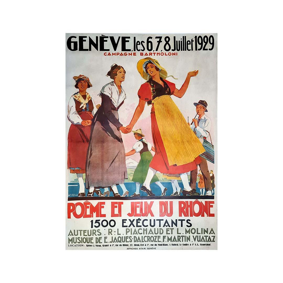 Beautiful poster of 1929 by Edouard Elzingre : Poem and games of the Rhone Geneva. Edouard Elzingre, born on July 2, 1880 in Neuchâtel and died on July 4, 1966 in Geneva, is a Swiss painter, poster artist and illustrator.
From 1926 in Toulon to 1987