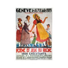 Antique 1929 original poster by Edouard Elzingre : Poème et jeux du Rhône Genève