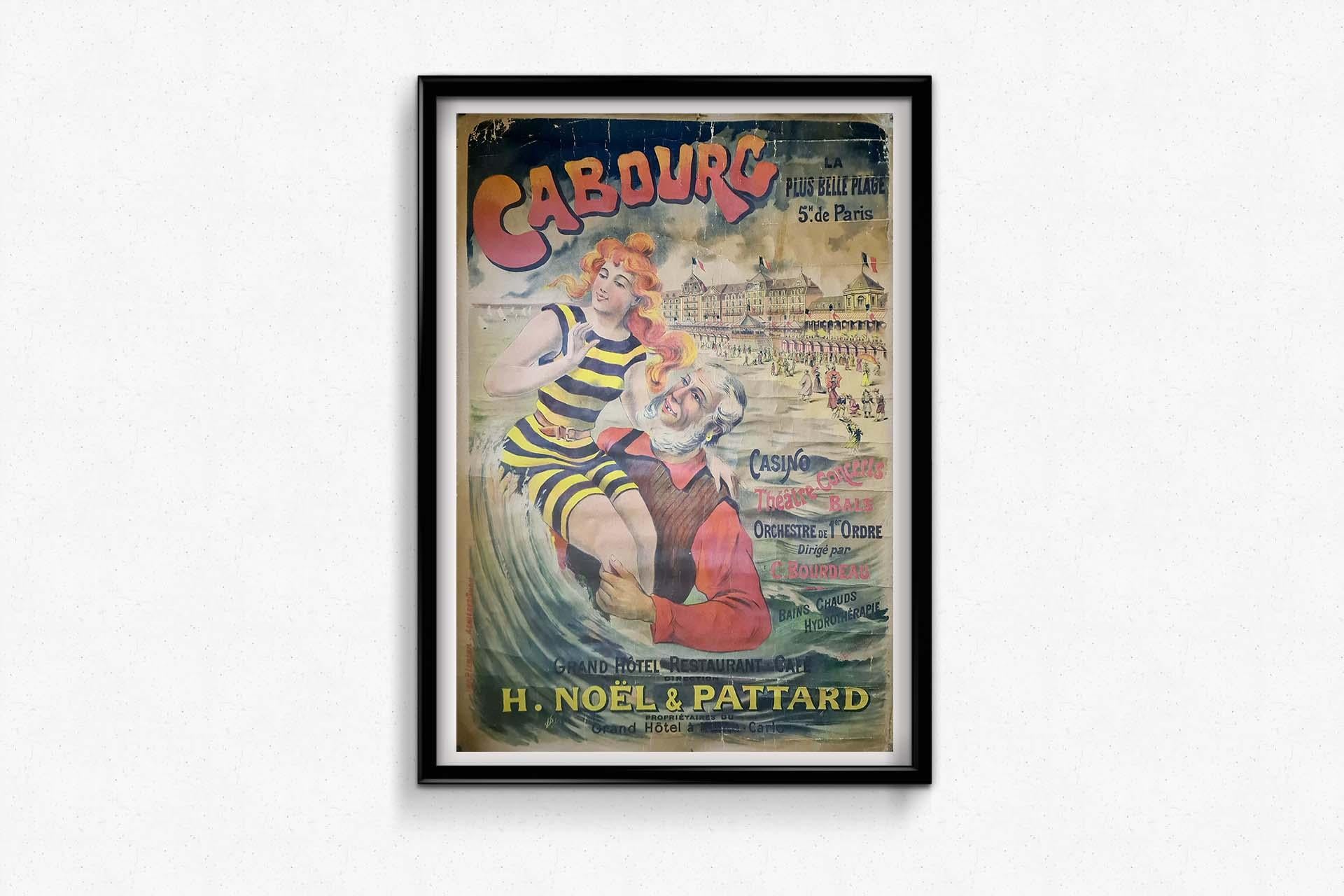 The Cabourg travel poster, created by Édouard Elzingre, is a vibrant and visually appealing example of early 20th-century advertising designed to attract visitors to 