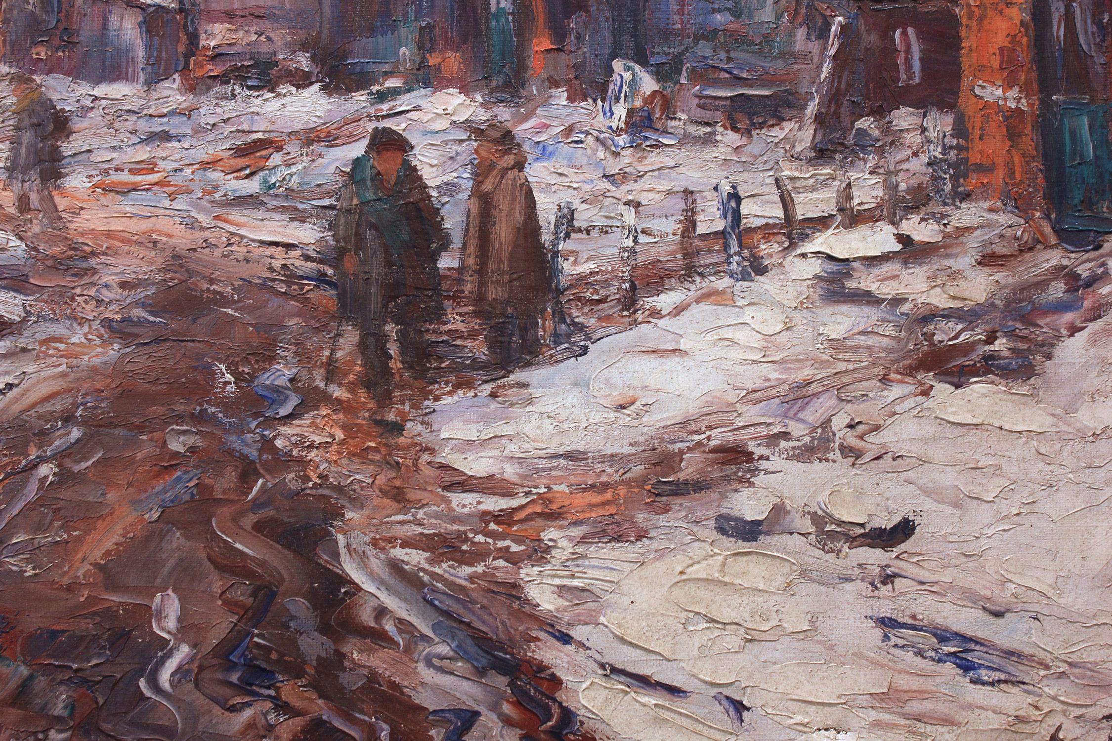 Edouard Febvre is noted mostly for his highly impressionistic oil paintings which provoke a mood strikingly accurate to his subjects. In this piece, we find a snowy landscape in a village depicting people walking about. The swirls depicting the