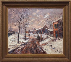Antique "French Village Snowscene" Impressionistic 20th Century Oil Painting on Canvas
