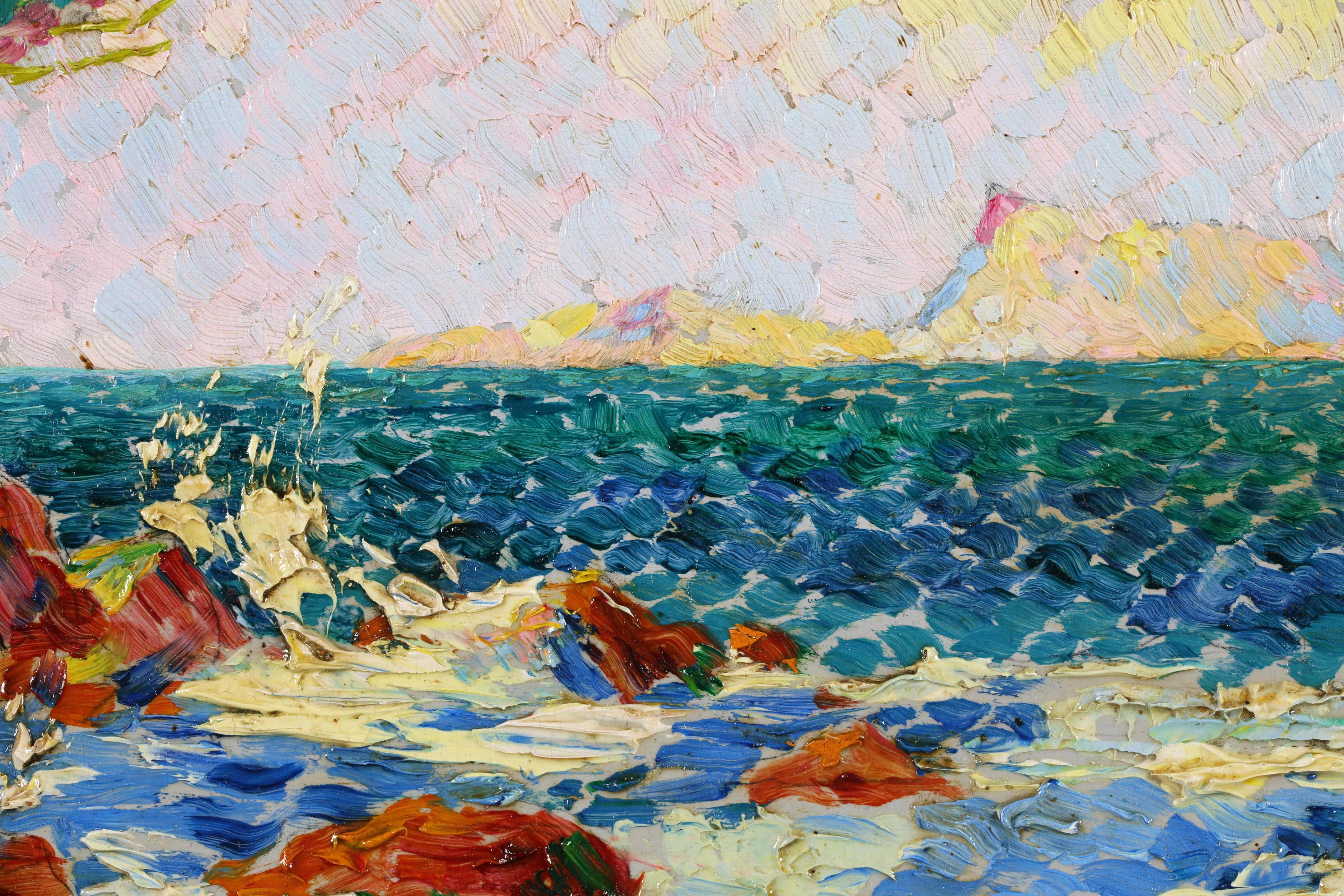 Le Cote D'Azur - Postimpressionistische Meereslandschaft Ölgemälde von Edouard Fer im Angebot 1