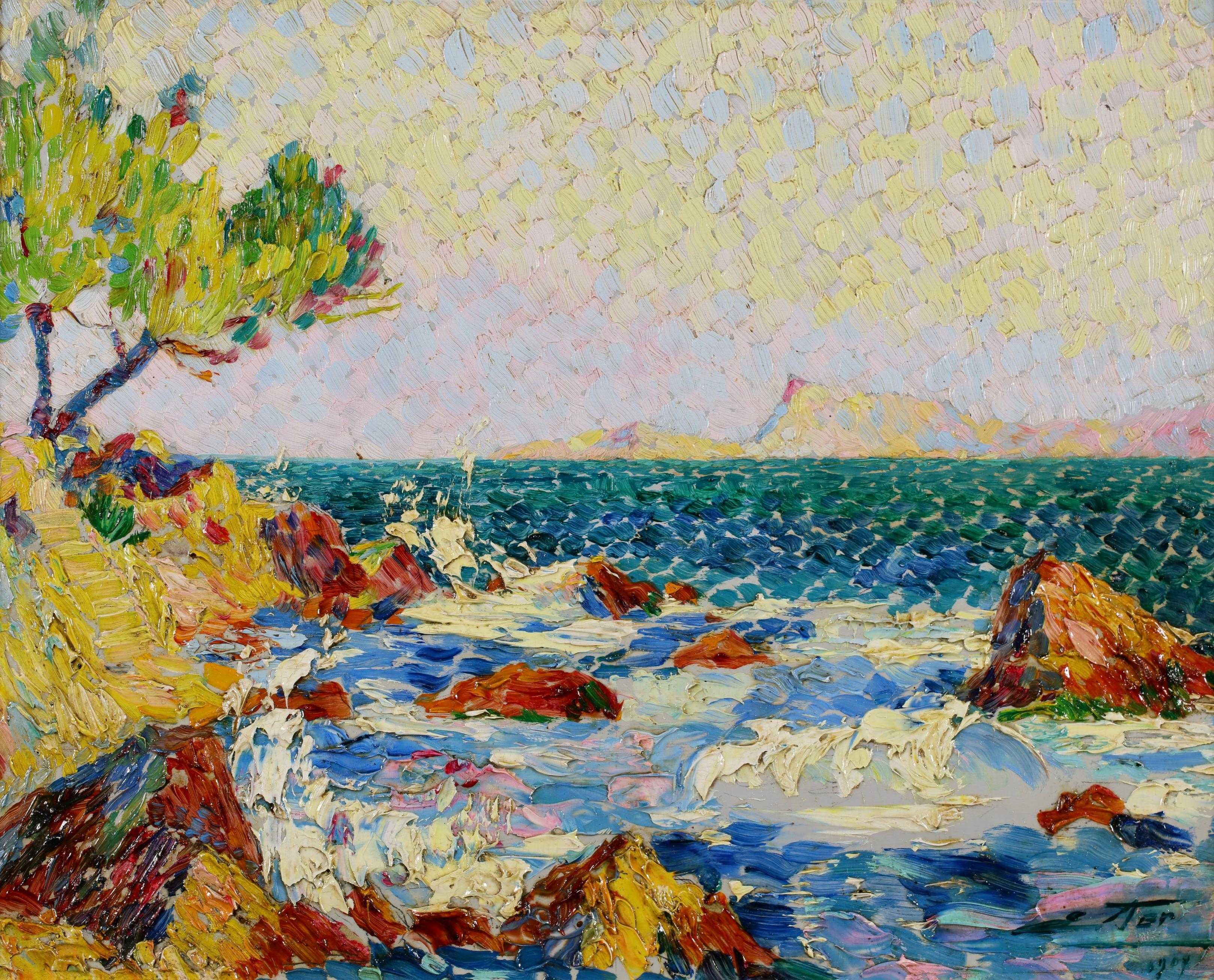 Le Cote D'Azur - Postimpressionistische Meereslandschaft Ölgemälde von Edouard Fer im Angebot 3