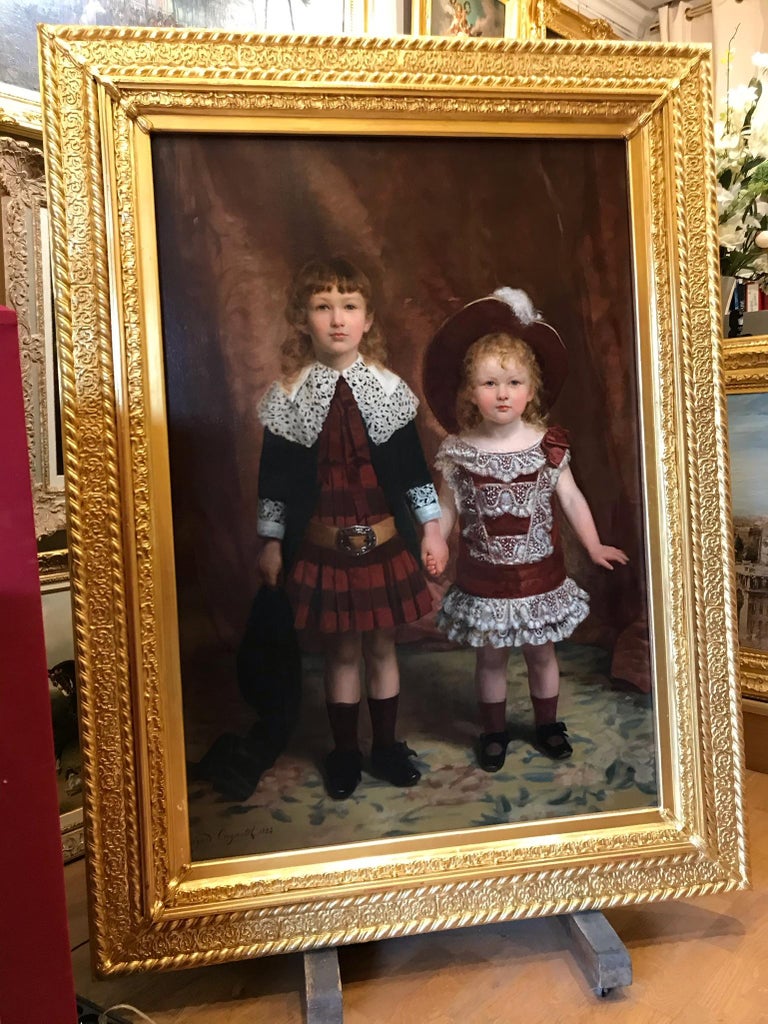 Edouard Ferdinand Ludovic Cugnotet Portrait Painting - Edgard CUGNOTET - Painting 19th Century - Portrait of Two Children