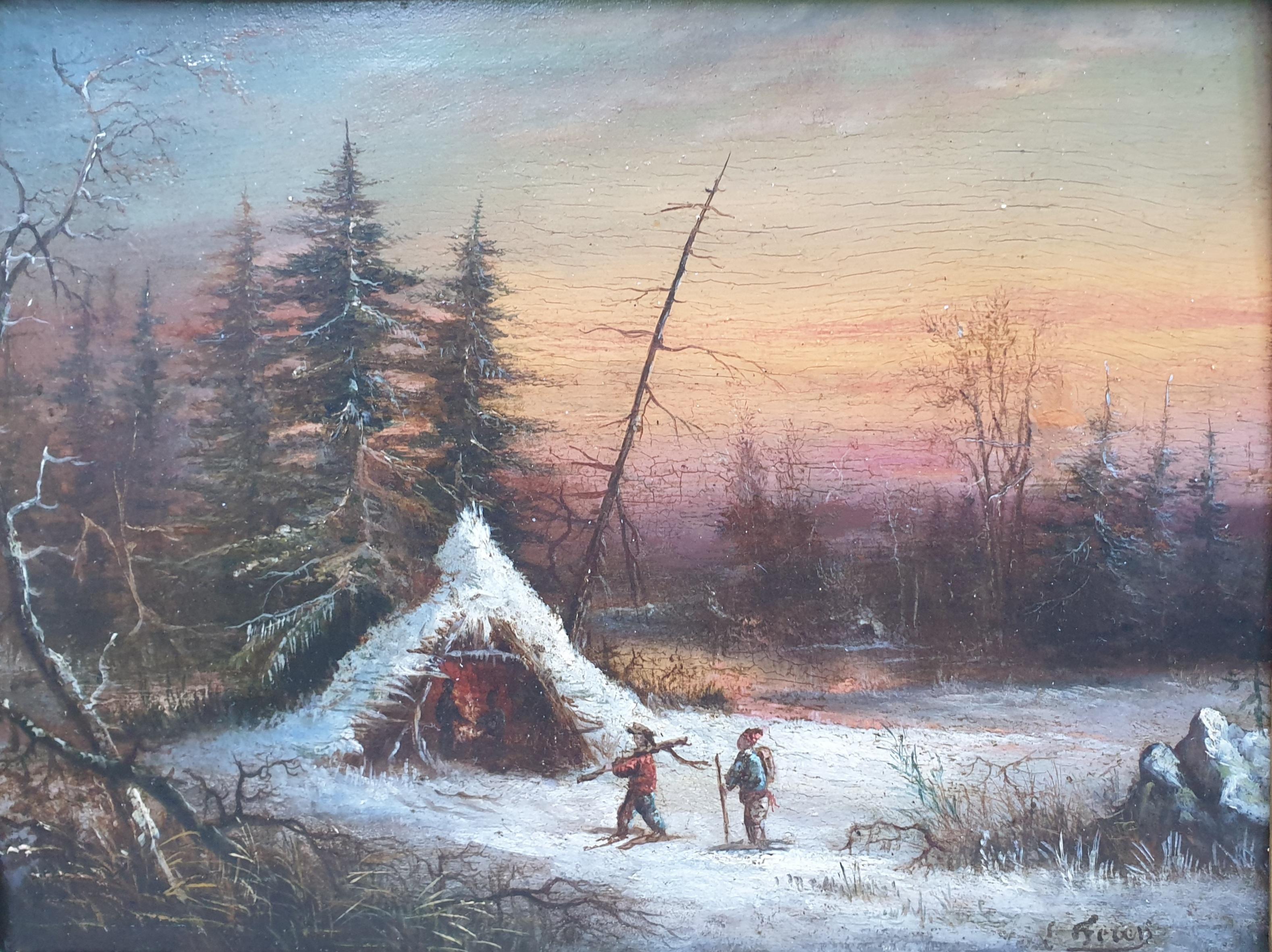 Landscape Painting de Edouard FEREY - FEREY Paisaje nevado puesta de sol cabaña cazadores tablero de madera francés XIX