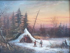 FEREY Snow landscape sunset hut hunters French wood panel 19th