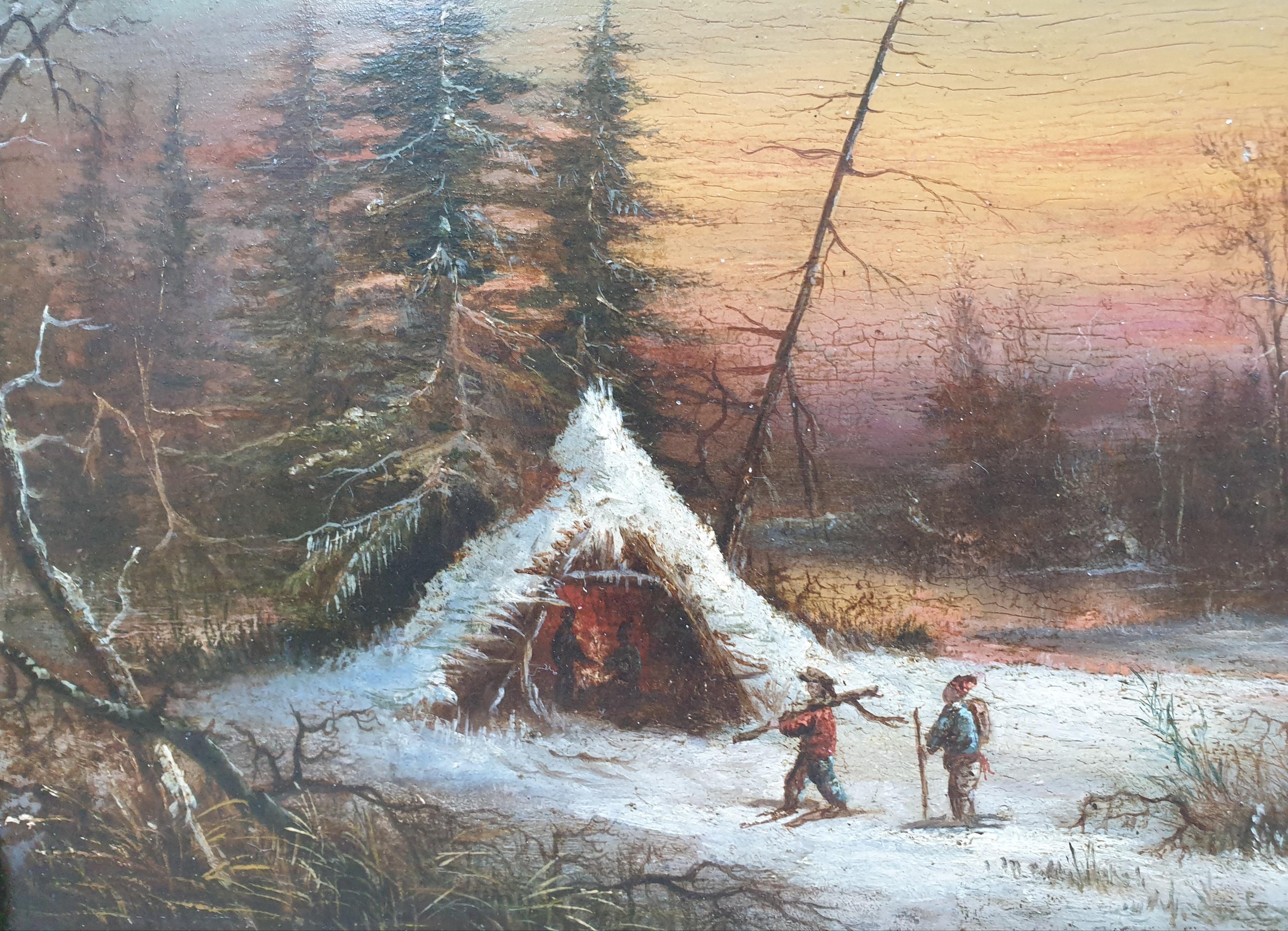 FEREY Paisaje nevado puesta de sol cabaña cazadores tablero de madera francés XIX - Painting Romántico de Edouard FEREY