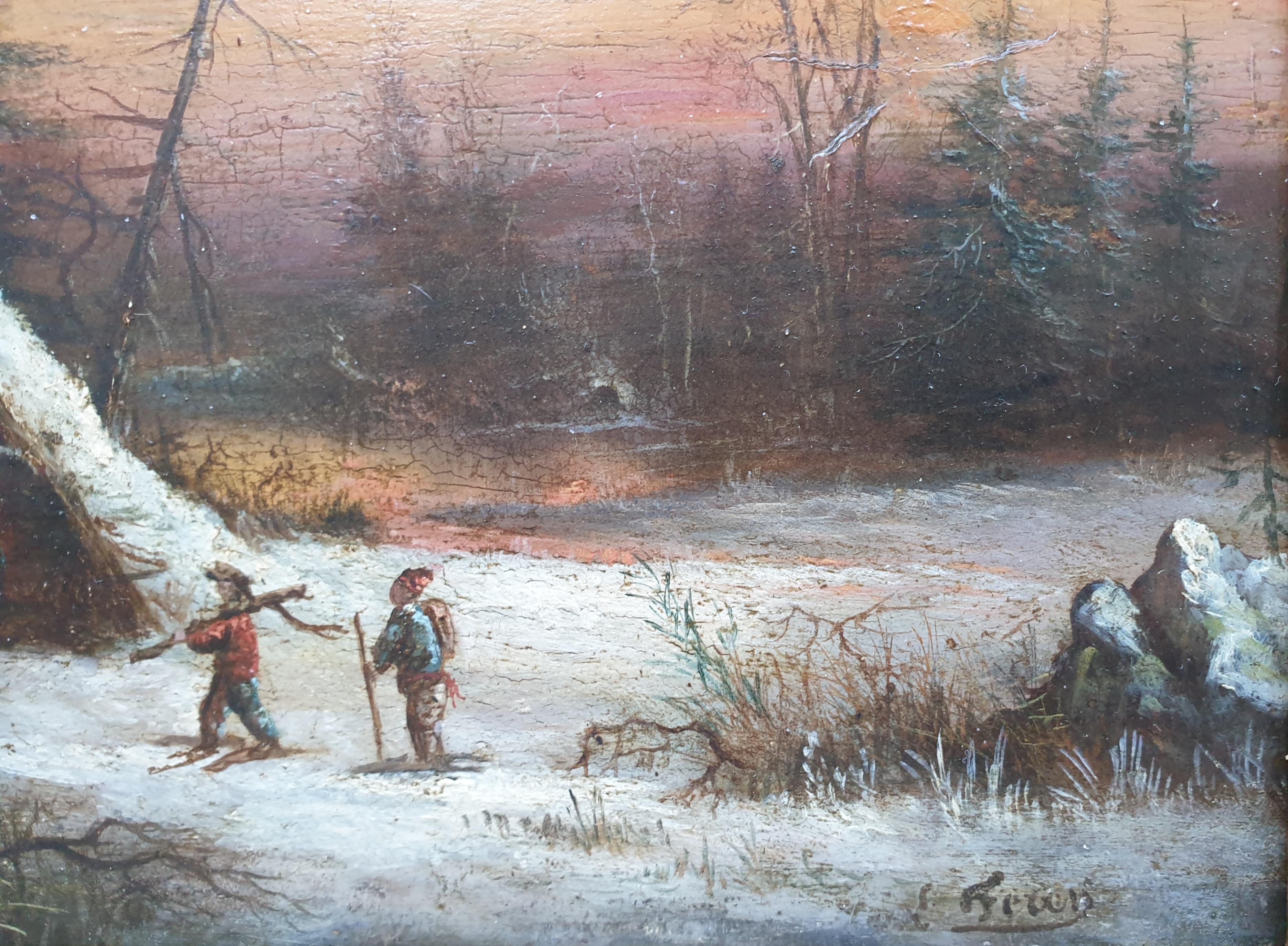 FEREY Paisaje nevado puesta de sol cabaña cazadores tablero de madera francés XIX - Landscape Painting Marrón de Edouard FEREY