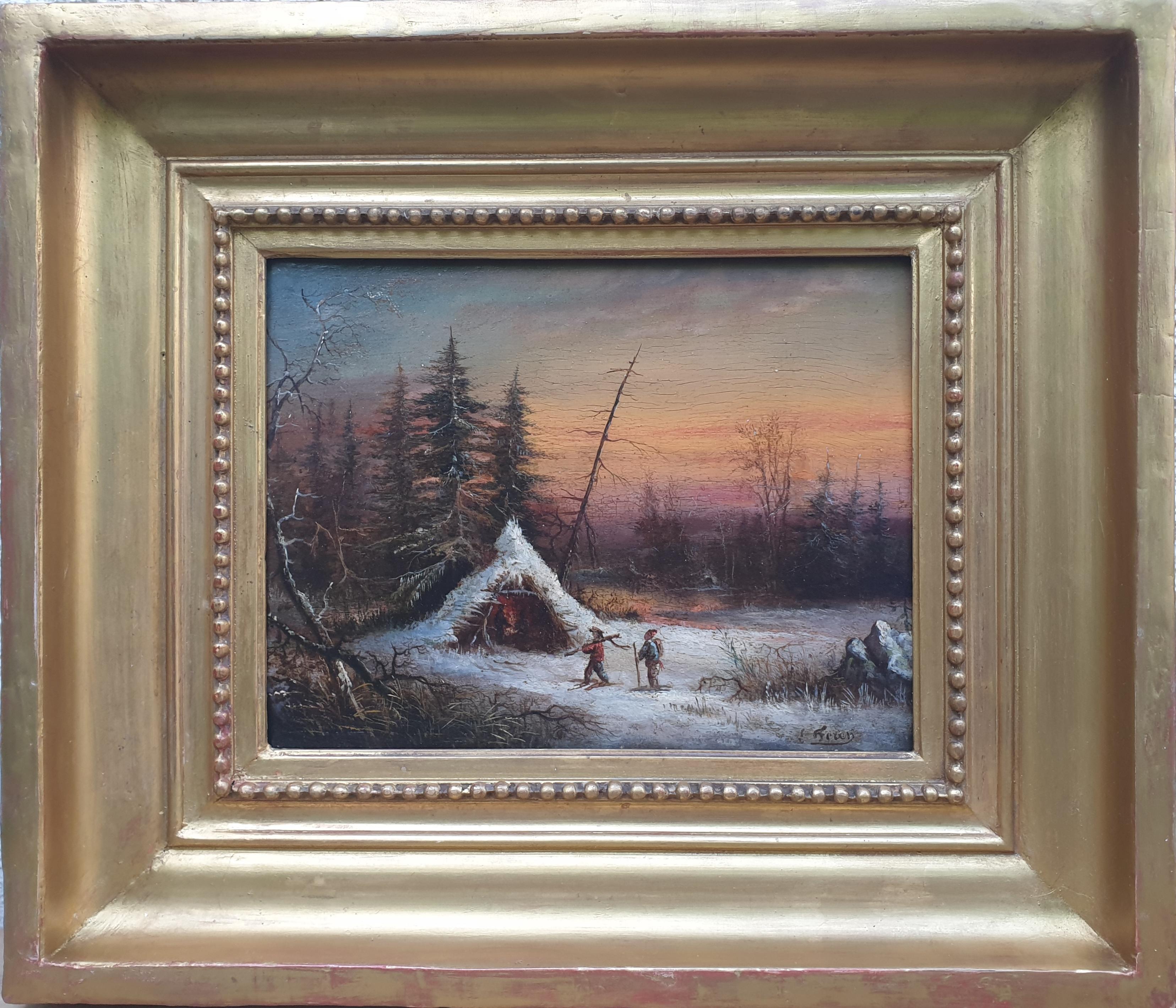 FEREY Paisaje nevado puesta de sol cabaña cazadores tablero de madera francés XIX - Painting de Edouard FEREY