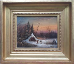 Antique FEREY Snow landscape sunset hut hunters French wood panel 19th 