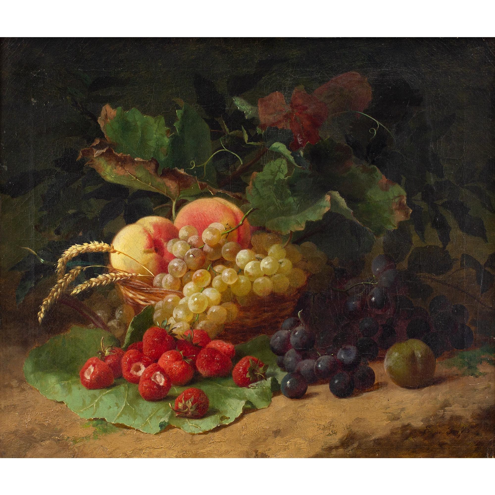 This 19th-century oil painting by French artist Edouard Fleury (act. 1863-1900) depicts a still life with a basket of fruit.

During the mid-19th century, when Fleury undertook his formal education in Paris, still life painters sought inspiration