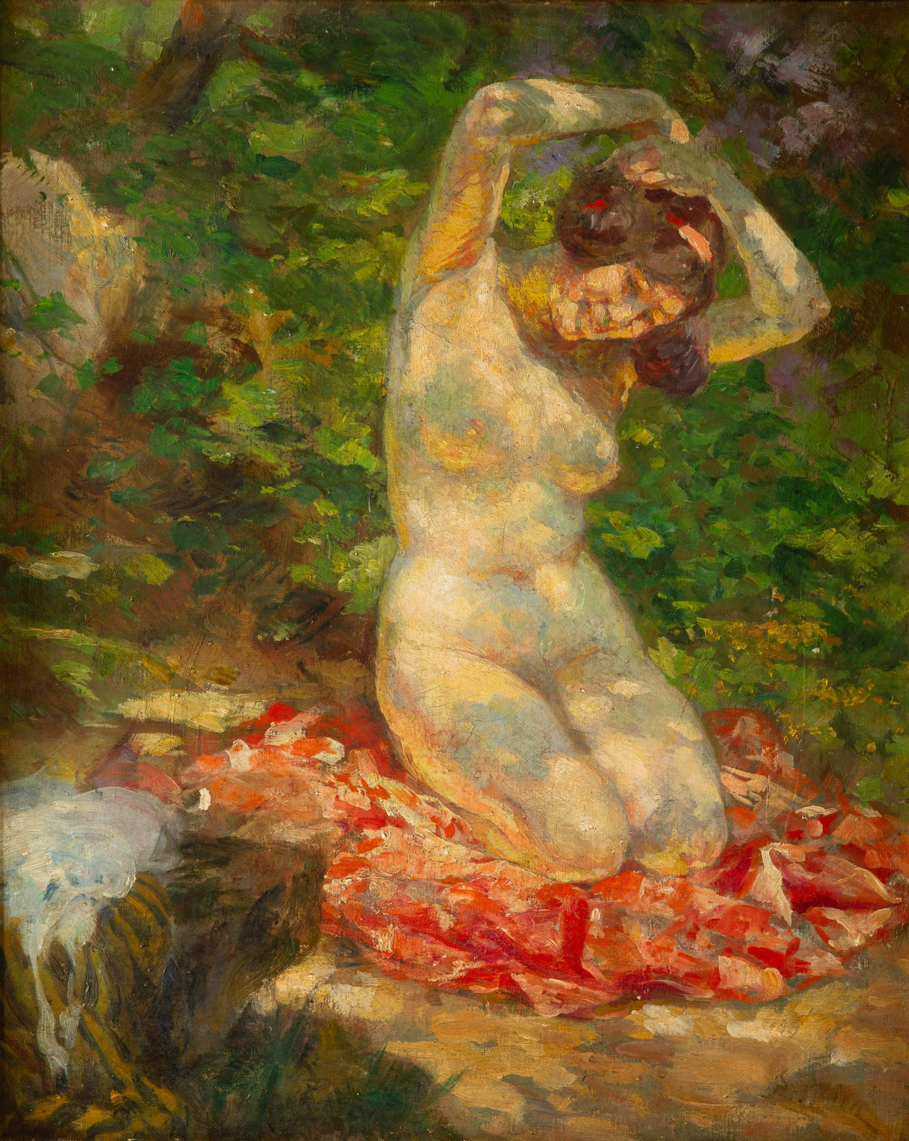 Edouard Francois Zier Portrait Painting - Impressionist Edouard Zier Nude at the Park Late 19th Century Oil on Canvas