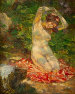 Impressionist Edouard Zier Nude at the Park Late 19th Century Oil on Canvas