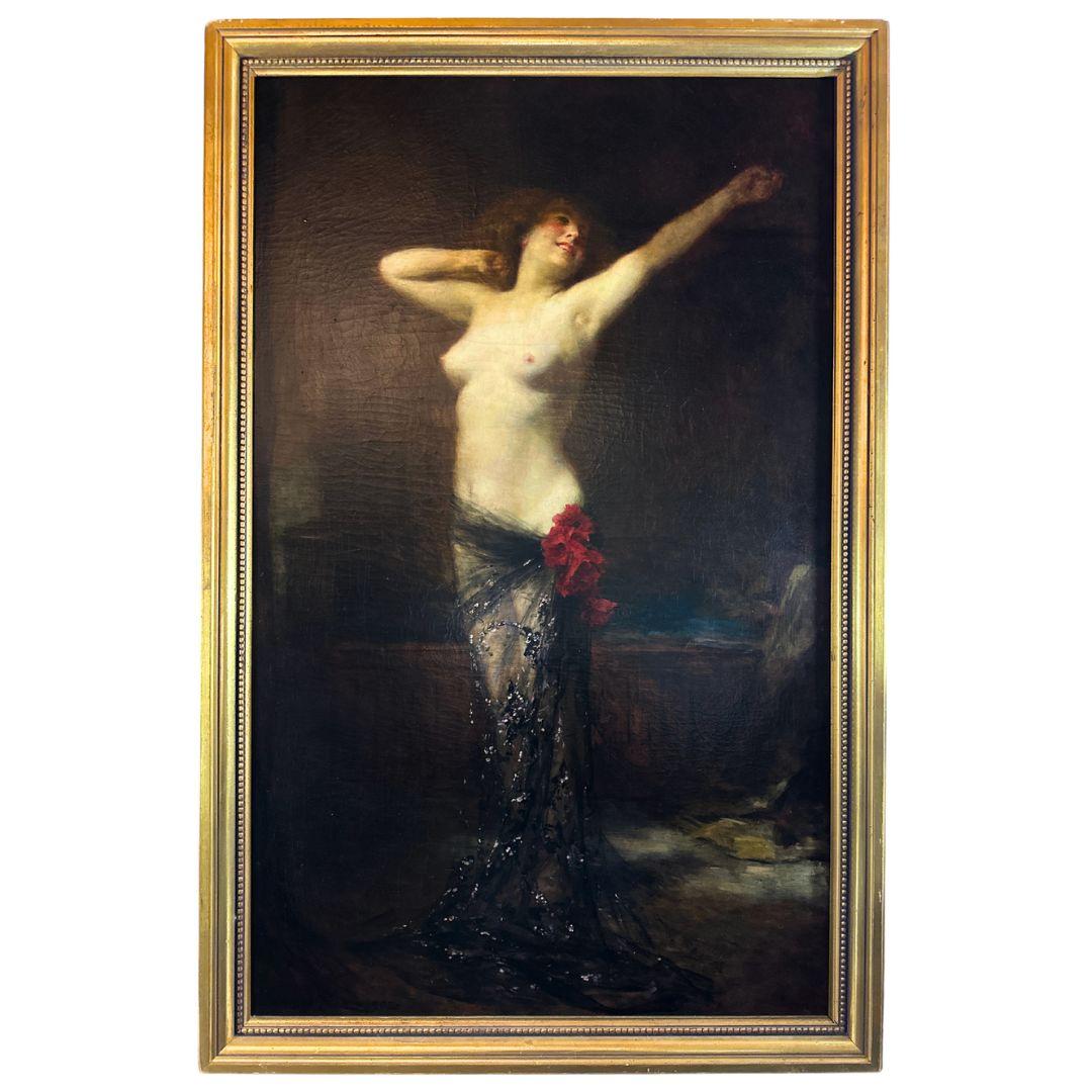 Nude Painting Edouard Francois Zier - The Dance Grande peinture à l'huile ancienne sur toile du 19e siècle, signée et datée