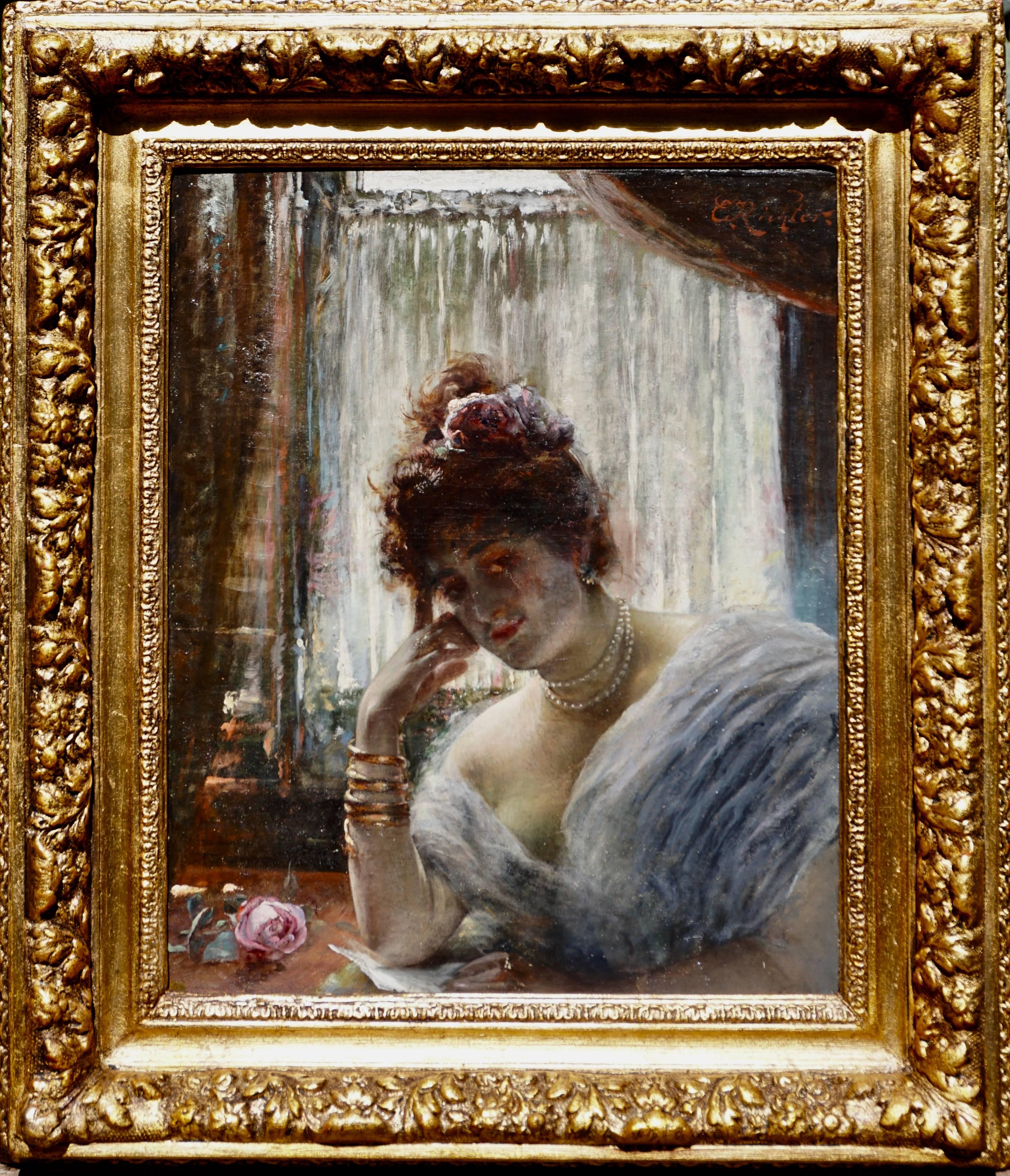 Edouard Frederic Wilhelm Richter (German, 1844-1913)
Woman in front of a window reading a letter
signed and inscribed 'E.Richter' (Upper right)
Oil on canvas Relined with original gilt frame
Frame tag “Edouard F. W. Richter/ Escola Francesa/ Salao