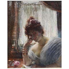 Peinture à l'huile d'Edouard Frederic Wilhelm Richter représentant une femme lisant une lettre