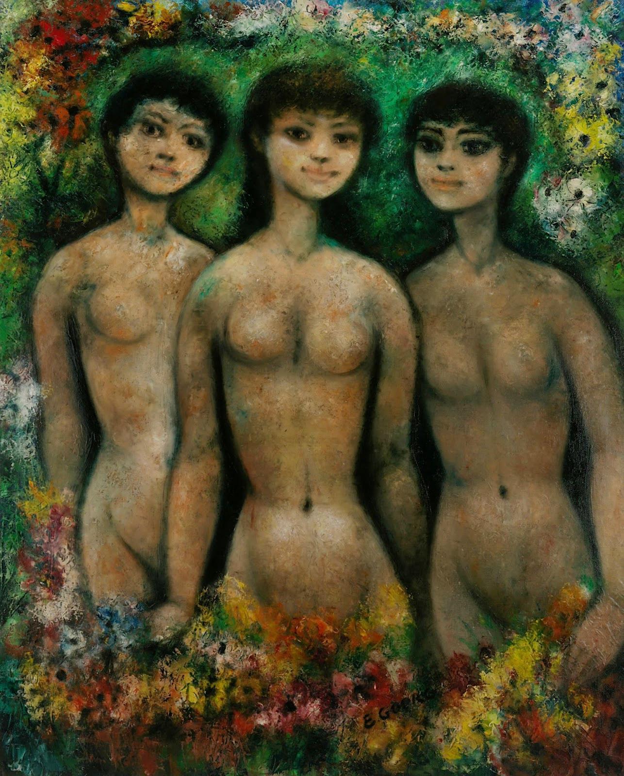 Grande huile sur toile, Les 3 Brunes, d'Edouard Goerg, 1955 en vente 1