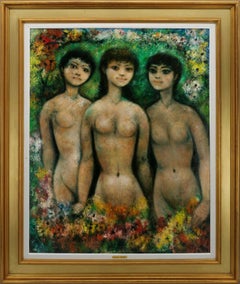 Grande huile sur toile, Les 3 Brunes, d'Edouard Goerg, 1955