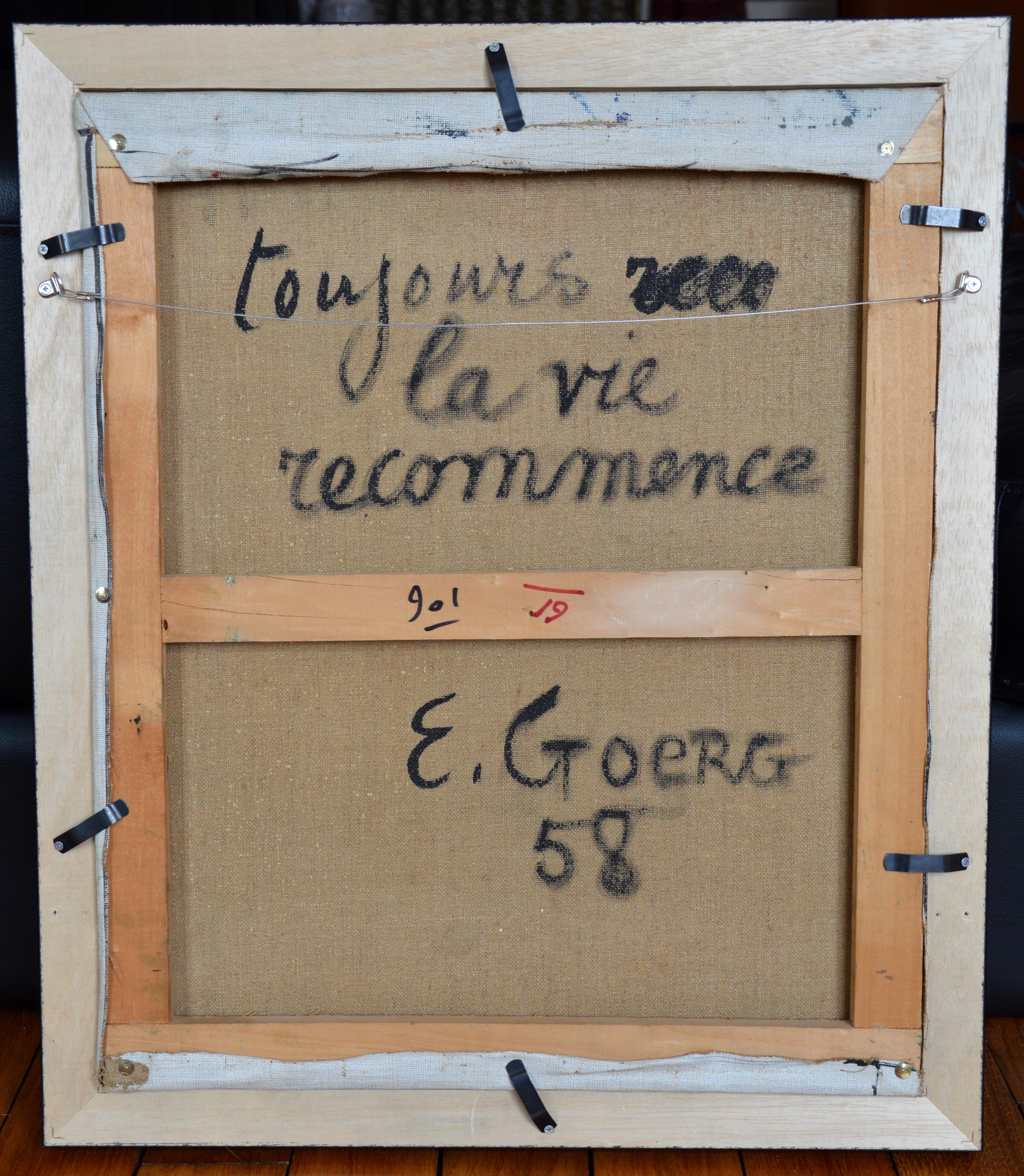 Huile sur toile d'Edouard Goerg (1893-1969), France, 1958. La vie est toujours la même. Acquis en 2017 auprès de la collection personnelle d'Edouard Goerg. Dimensions : avec cadre : 62.5x53.4 cm - 24.6x21 inches, sans cadre : 55x46 cm - 21.7x18.1