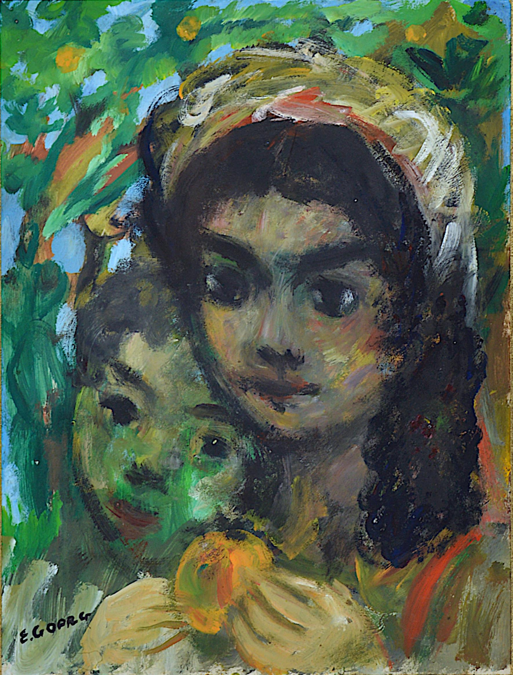 Zwei junge spanische Mädchen, Öl auf Papier – Painting von Edouard Goerg