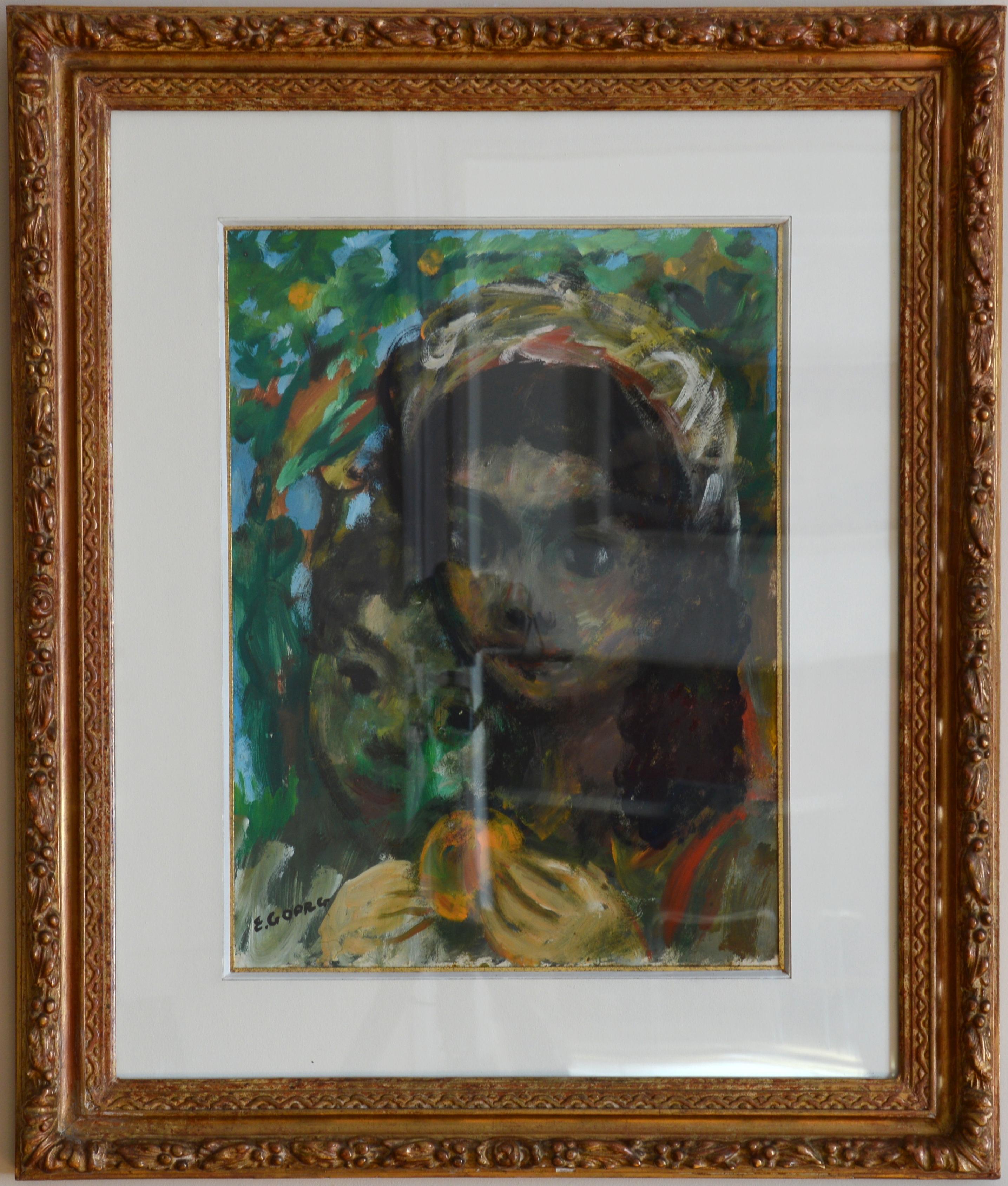 Óleo sobre papel de Edouard Goerg (1893-1969), Francia, 1937-1938. Dos jóvenes españolas. Medidas : con marco 61,3x51,8 cm - 24,1x20,4 pulgadas, vista: 39x28,6 cm - 15,4x11,25 pulgadas. Firma en la parte inferior izquierda 