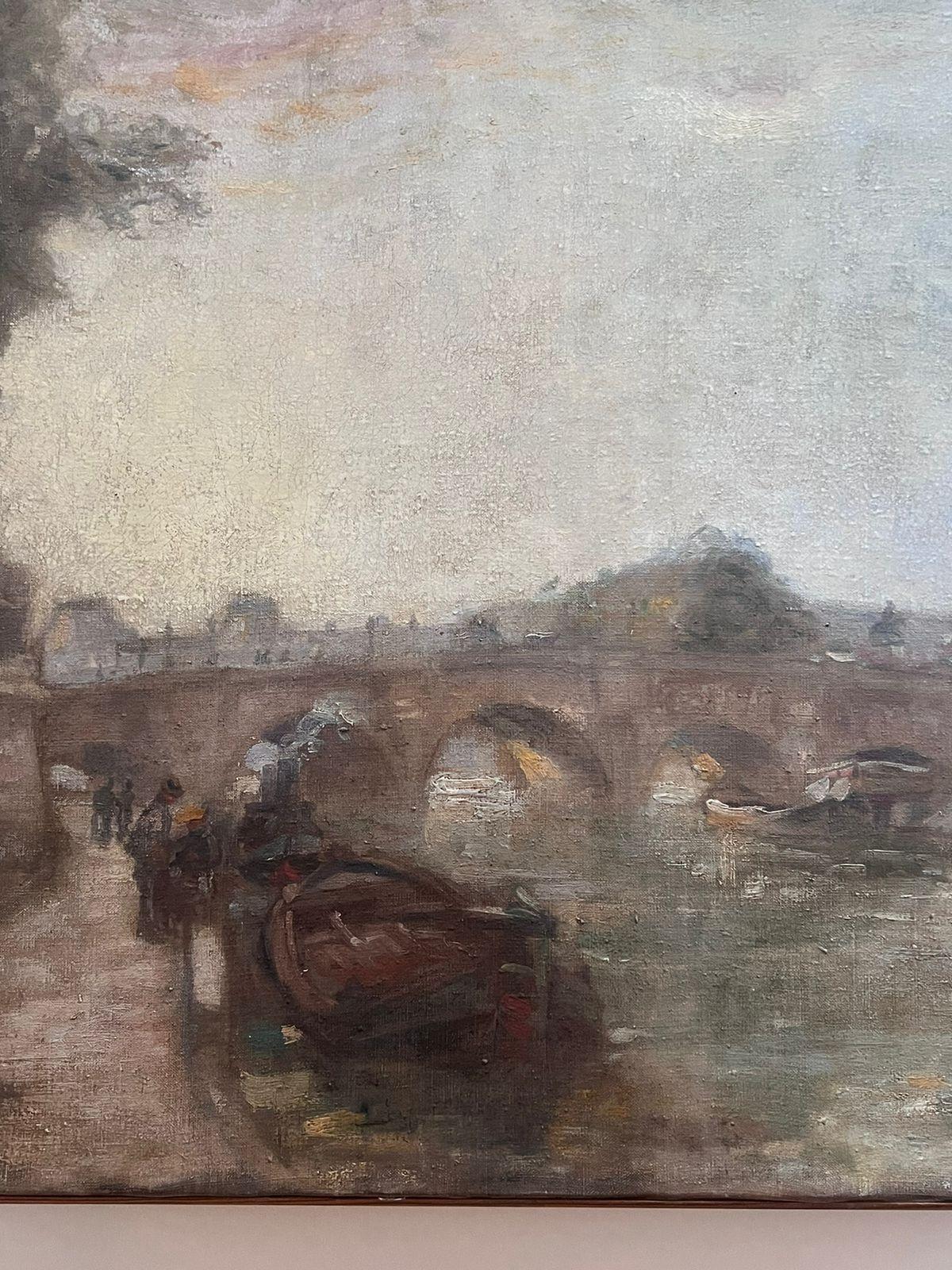 Fino Óleo Impresionista Francés de 1930 Firmado Le Pont Neuf Río Sena París en venta 6