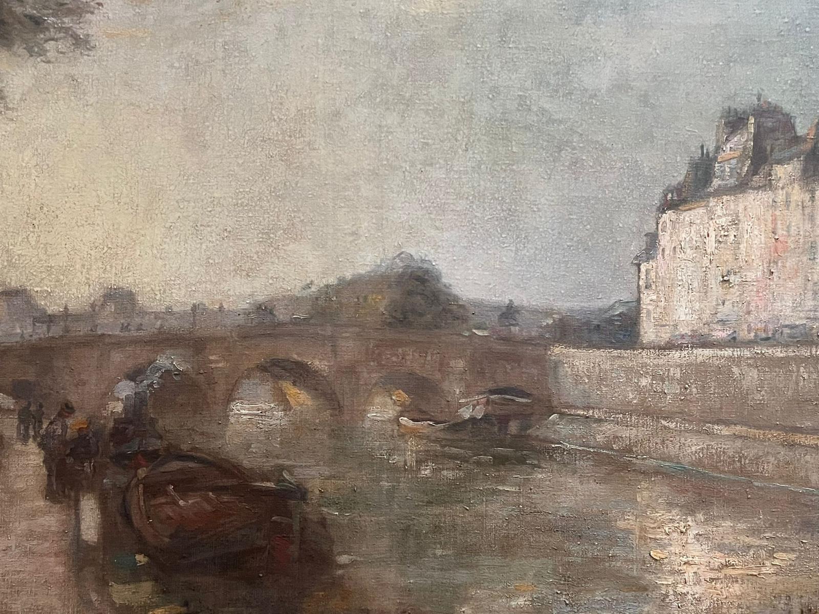 Fino Óleo Impresionista Francés de 1930 Firmado Le Pont Neuf Río Sena París - Landscape Painting Gris de Edouard Henri Leon