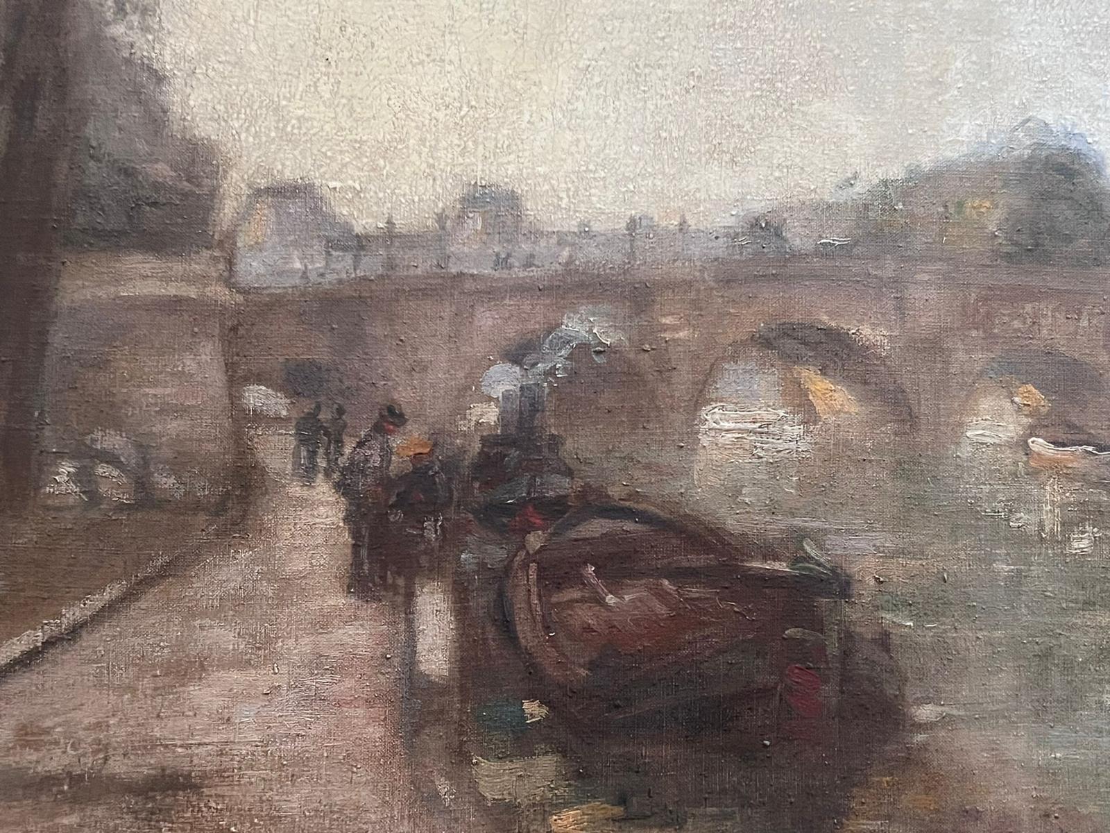 Fino Óleo Impresionista Francés de 1930 Firmado Le Pont Neuf Río Sena París en venta 4