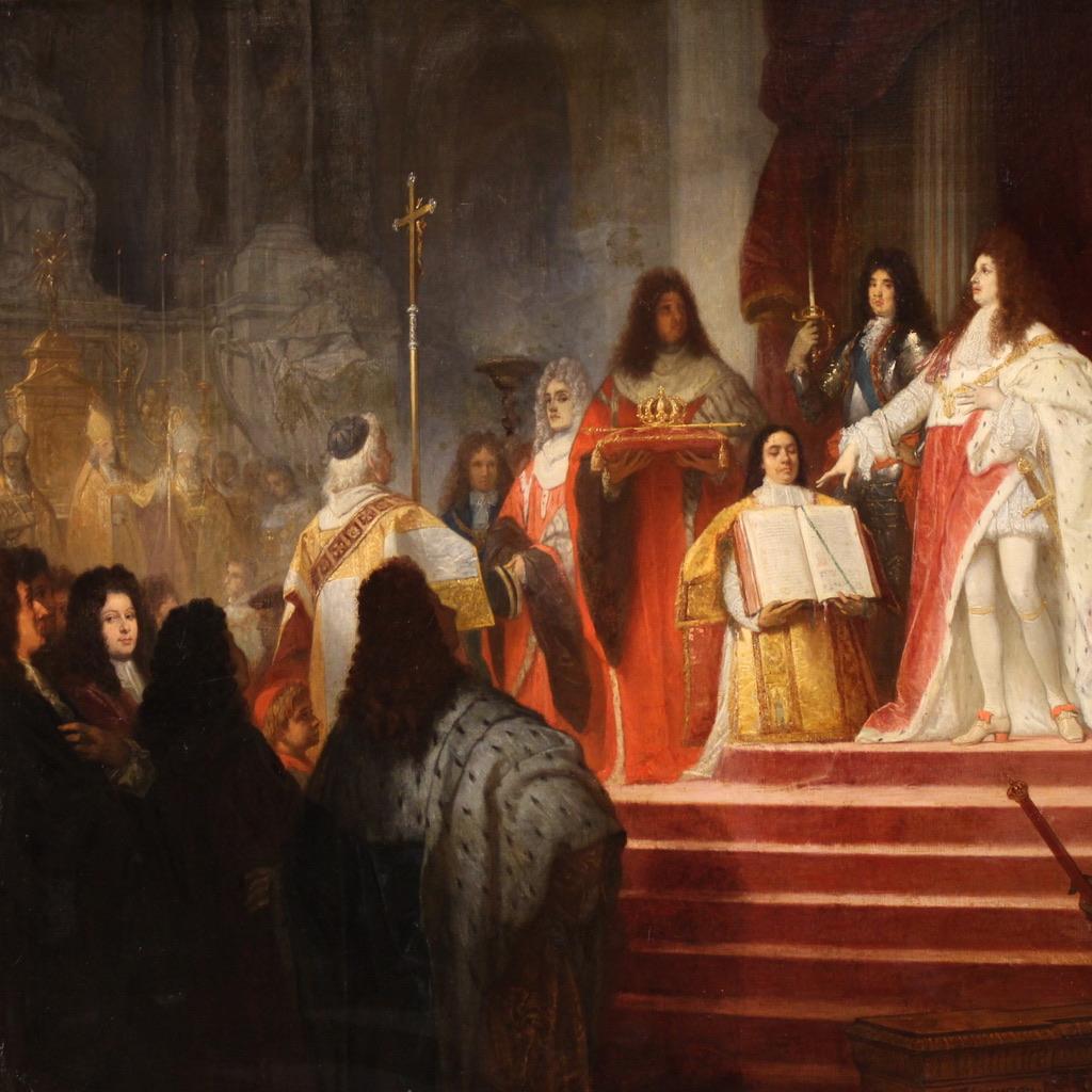 Ein prächtiges Gemälde, datiert 1866 und signiert Ed. Hamman, das dem großen belgischen Maler Edouard Jean Conrad Hamman (1819-1888) zugeschrieben wird. Er hat sich auf historische Szenen spezialisiert, insbesondere auf höfische Zeremonien, und sein
