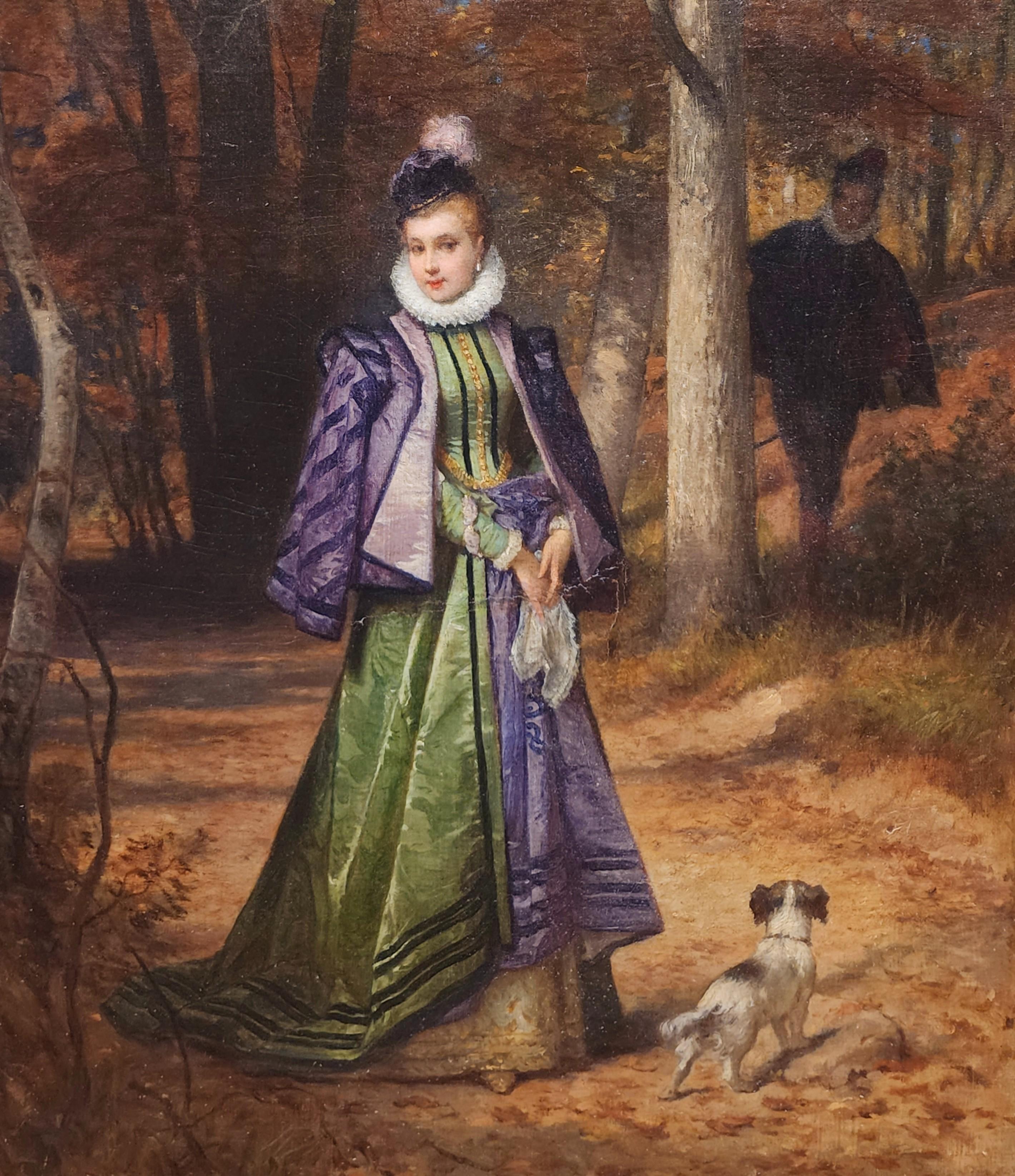 La dama y el pretendiente, Perrito, Pintura romántica, Temporada de esposas - Painting de Edouard Jean Conrad Hamman