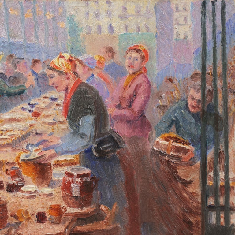 Signed lower right, 'Dambourgez' for Edouard-Jean Dambourgez (French, 1844-1931), titled, 'Paris' and painted circa 1890. 

A fine and detailed, late-nineteenth century view of a counter of the bustling cheese market at Les Halles showing customers