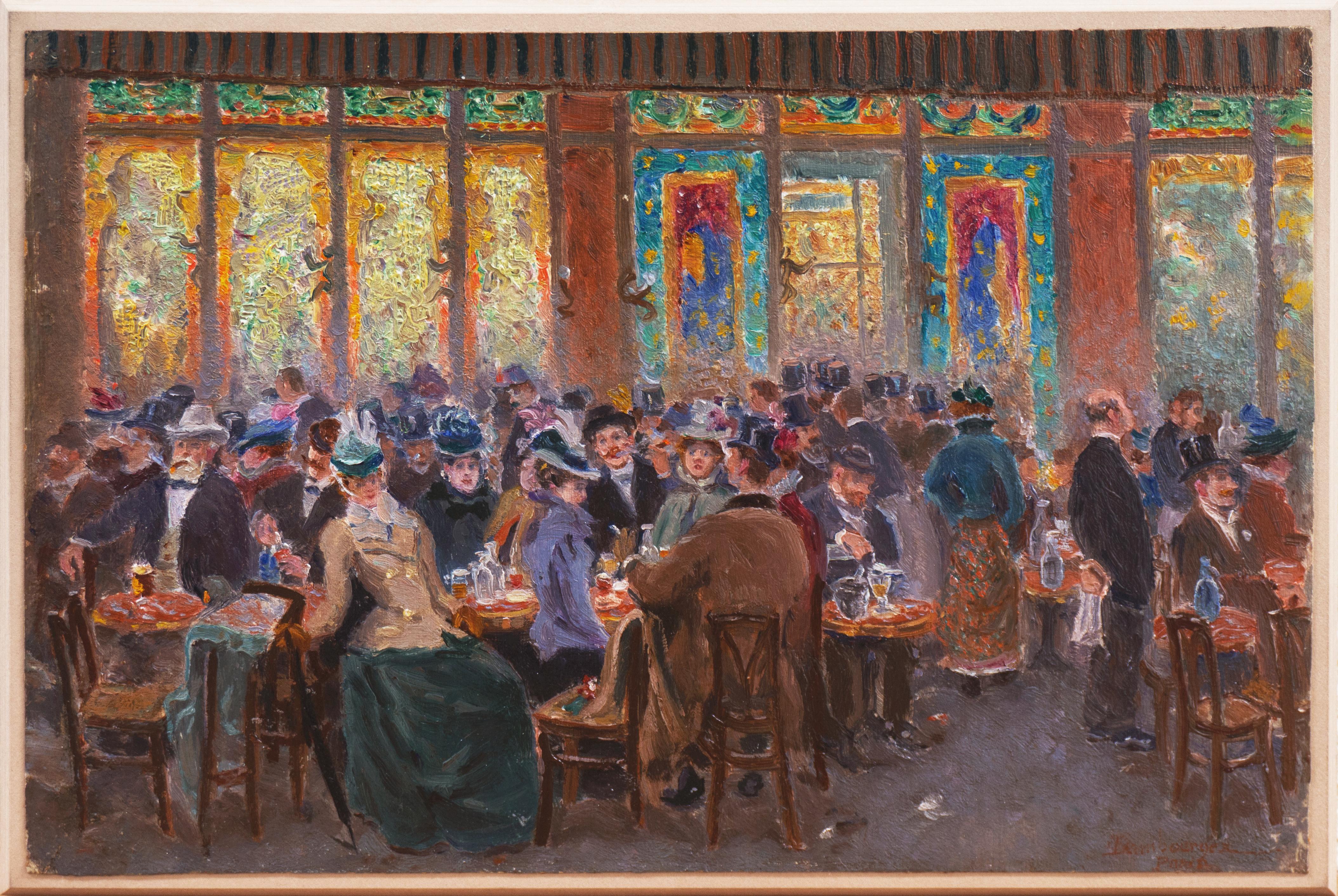 Signed lower right, 'Dambourgez' for Edouard-Jean Dambourgez (French, 1844-1931), titled, 'Paris' and painted circa 1880. Titled with inscription, verso, on old backing, ''Taverne Pausset', grands boulevards a Paris
