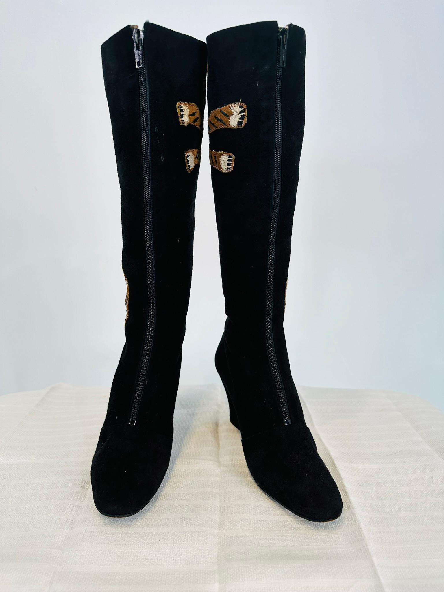 Edouard Jerrold 1960s Black Suede embroidered Tiger Zipper Front Boots 7 1/2B For Sale 7
