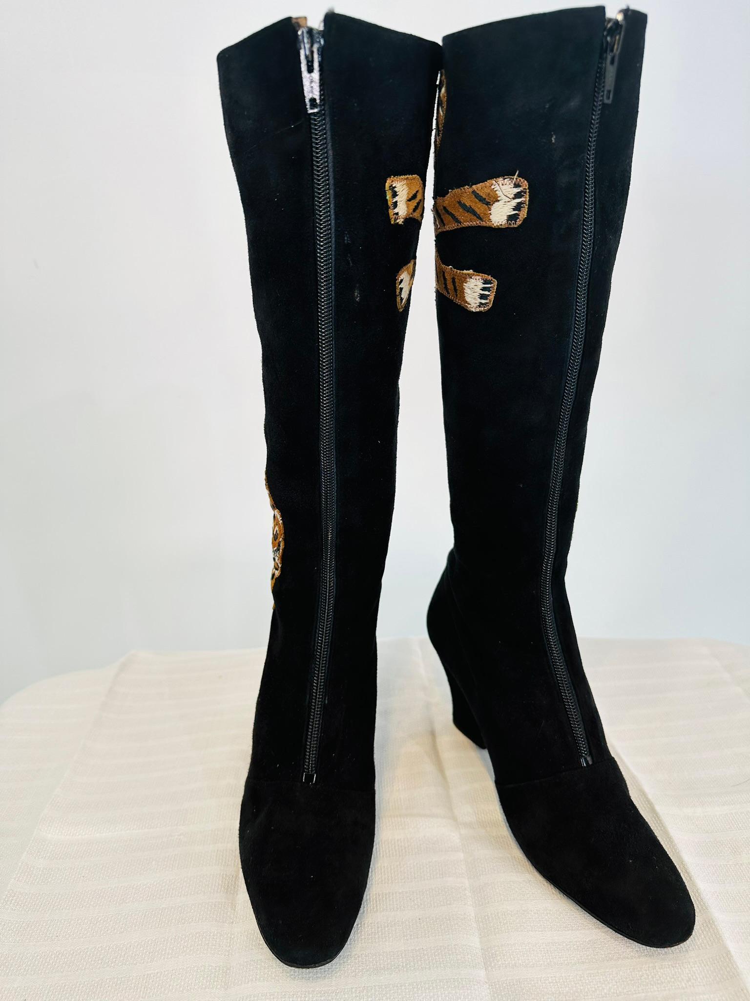 Edouard Jerrold 1960s Black Suede embroidered Tiger Zipper Front Boots 7 1/2B For Sale 10