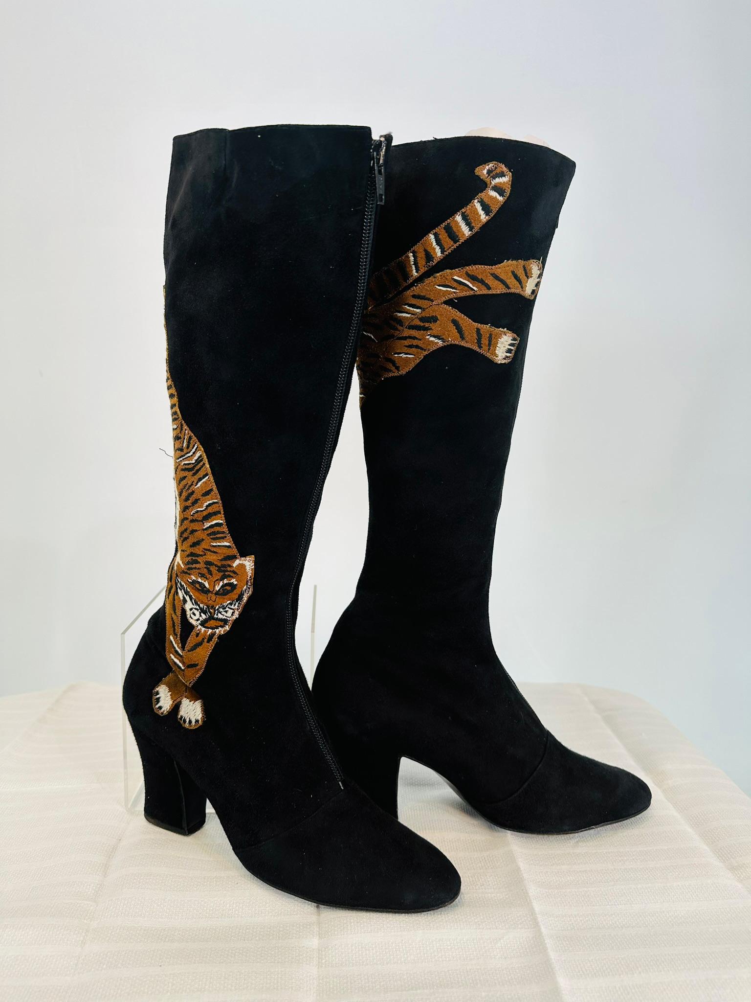 Women's Edouard Jerrold 1960s Black Suede embroidered Tiger Zipper Front Boots 7 1/2B For Sale