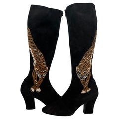 Edouard Jerrold 1960s Black Suede embroidered Tiger Zipper Front Boots 7 1/2B